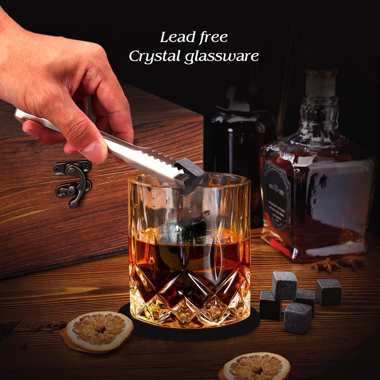 Zestaw upominkowy z kamieniami do whisky, DIOXADOP zestaw szklanek do whisky, prezenty dla mężczyzn, 8 granitowych kamieni do whisky, 2 kryształowe szklanki do whisky, najlepsze prezenty dla mężczyzn