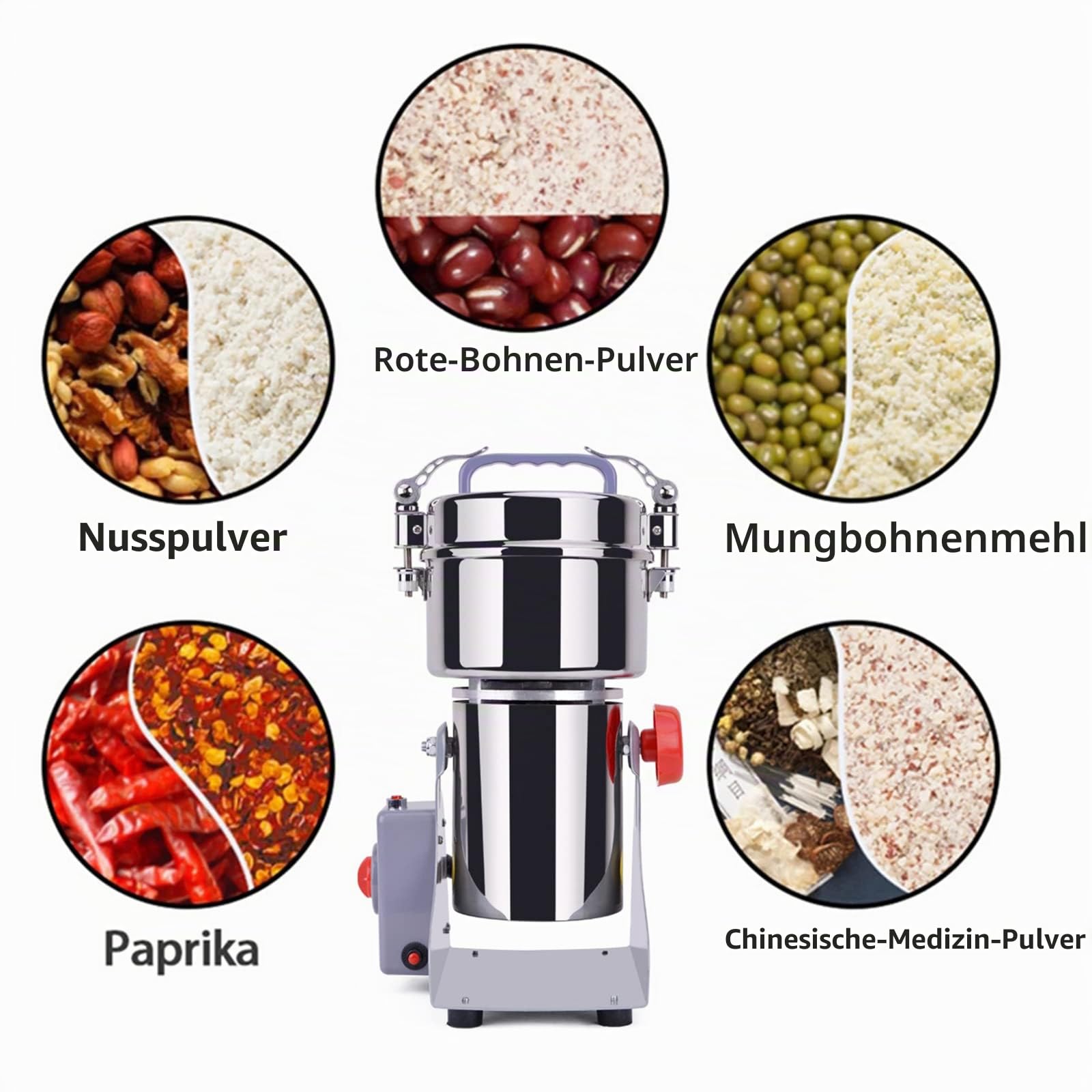 800g Elektrische Getreidemühle,2400W Schrotmühle Getrocknete, Rostfreier Stahl Maschinenmühle mit Überlastschutz & Open-Cover-Stop für Kräuter/Getreide/Gewürze