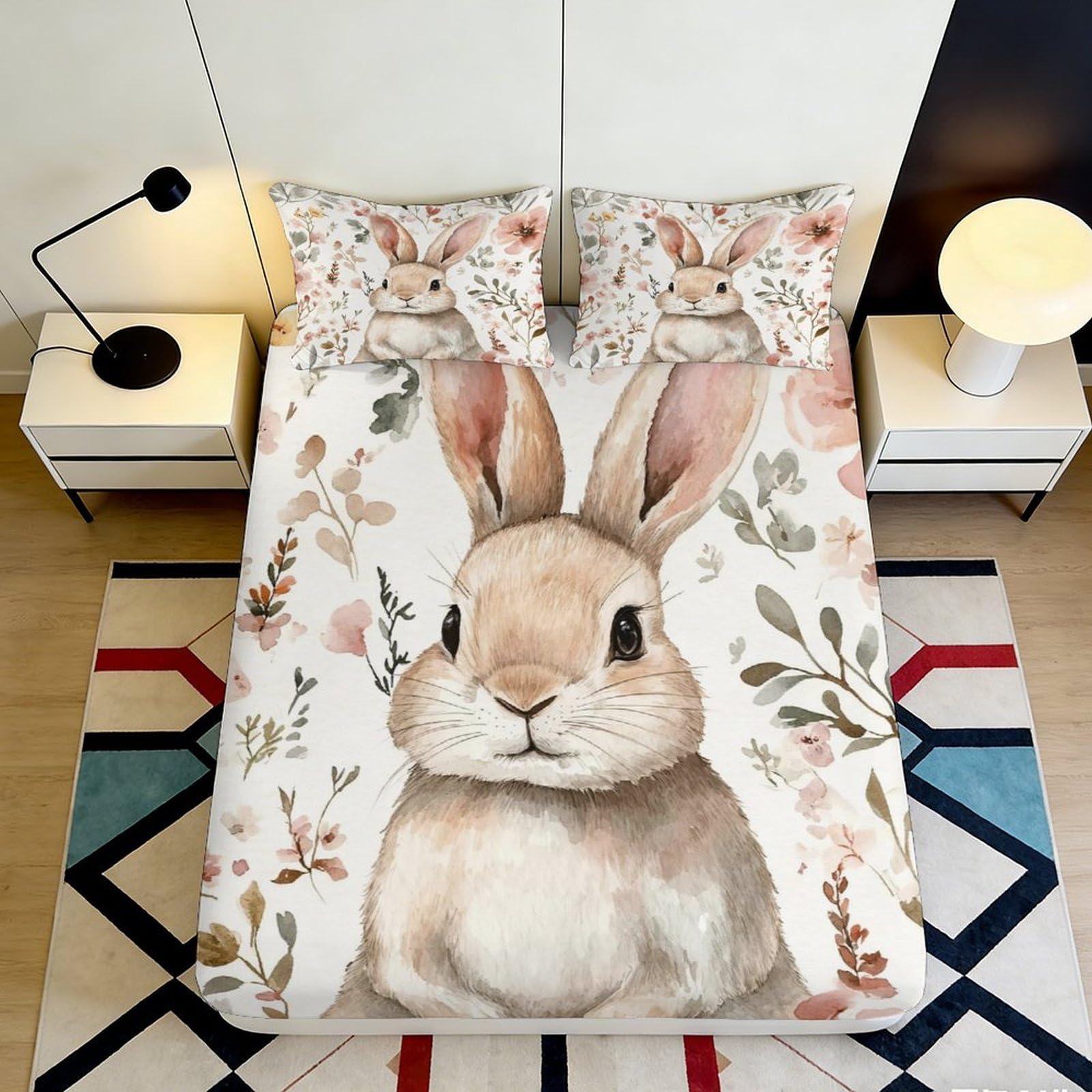 3D Printed Bunny Floral Fitted Sheet Microfiber Non Slip Cute Rabbit Mattress Cover Bedroom Decor Machine Washable 90x200x25cm