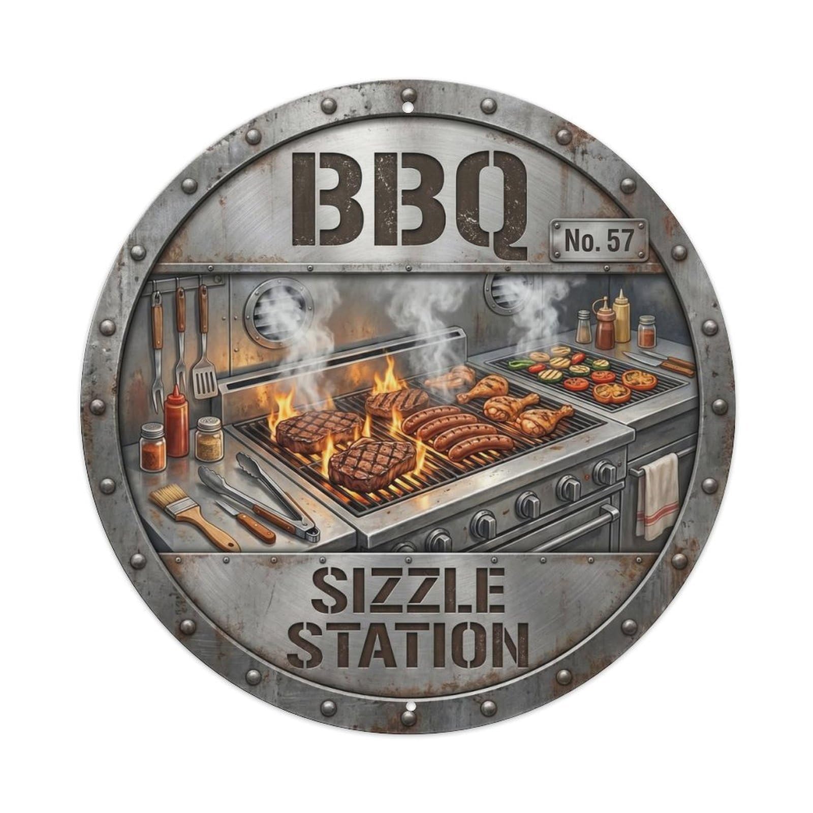 BBQ Barbecue Sizzle Station Vintage Metal Tin Sign Plaque Wall Decor for Cafe, Club, Garden Round Metal Poster 8x8Inch