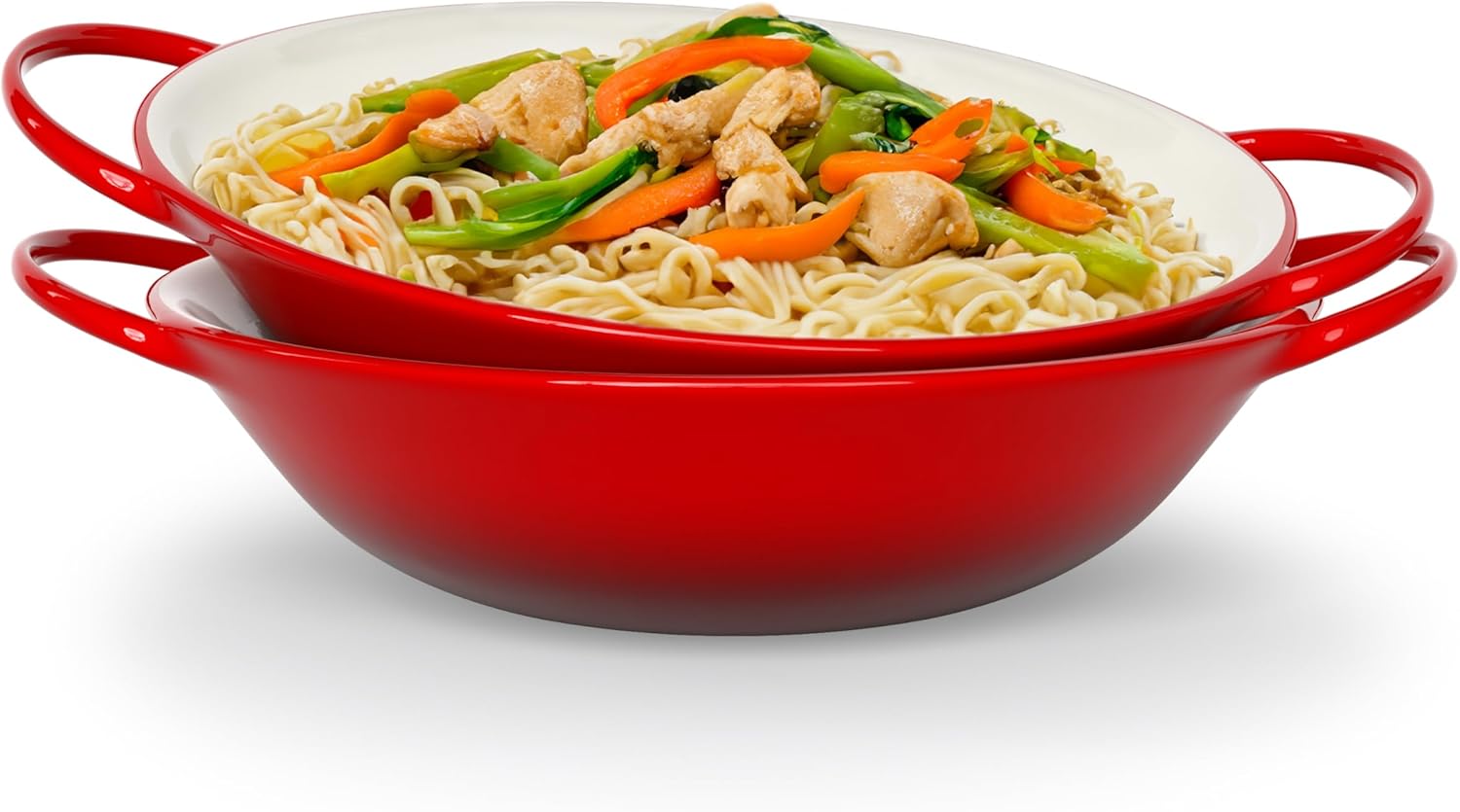 KooK Stir Fry Bowl, Wok Dish, Classic Thai, Ceramic Mini Wok, Stoneware Serving Bowls, For Soups and Pastas, Oven, Dishwasher and Microwave Safe, Cherry Red, 40 oz, Set of 2
