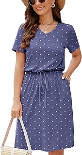 Women Summer Casual Midi Dresses Short Sleeve V Neck Drawstring Knee Length T Shirt Dress with Split and Pocket