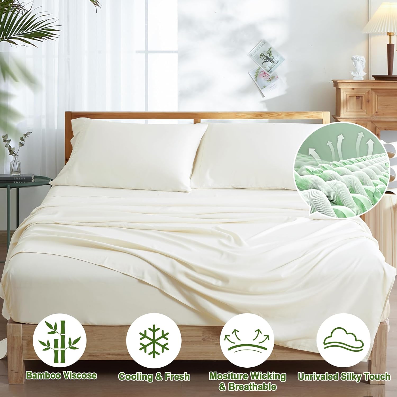PHF Cooling Sheets Set California King Size, Rayon Derived from Bamboo & Polyester, Breathable & Wrinkle Free Silky Soft Bedding Sheets, Wider Elastic Band 16" Deep Pocket Sheets & Pillowcase, Cream