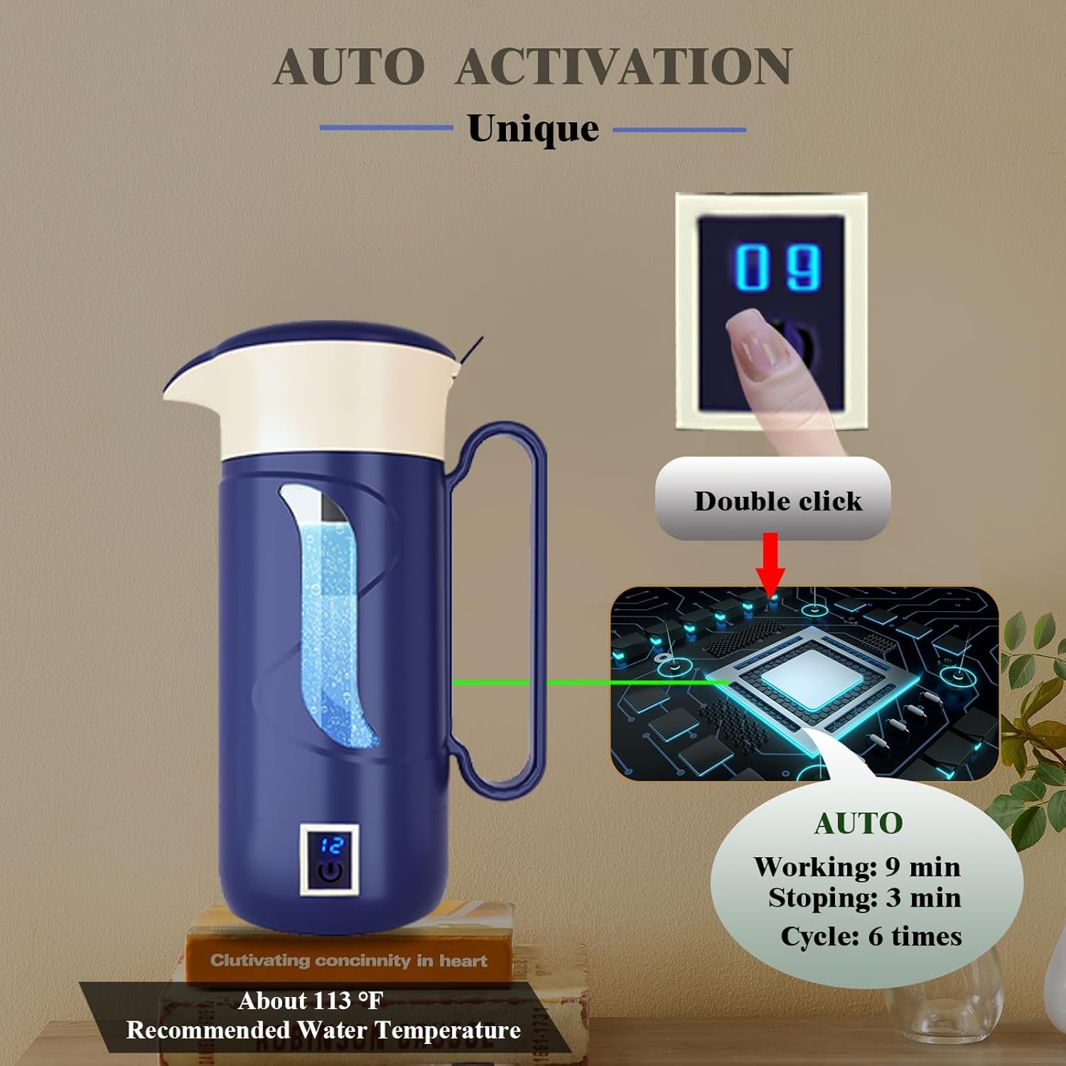 Hydrogen Water Bottle Hydrogen Alkaline Water Generator Ionizer Hydrogen Water Maker Machine with SPE and PEM Technology (Blue Black)