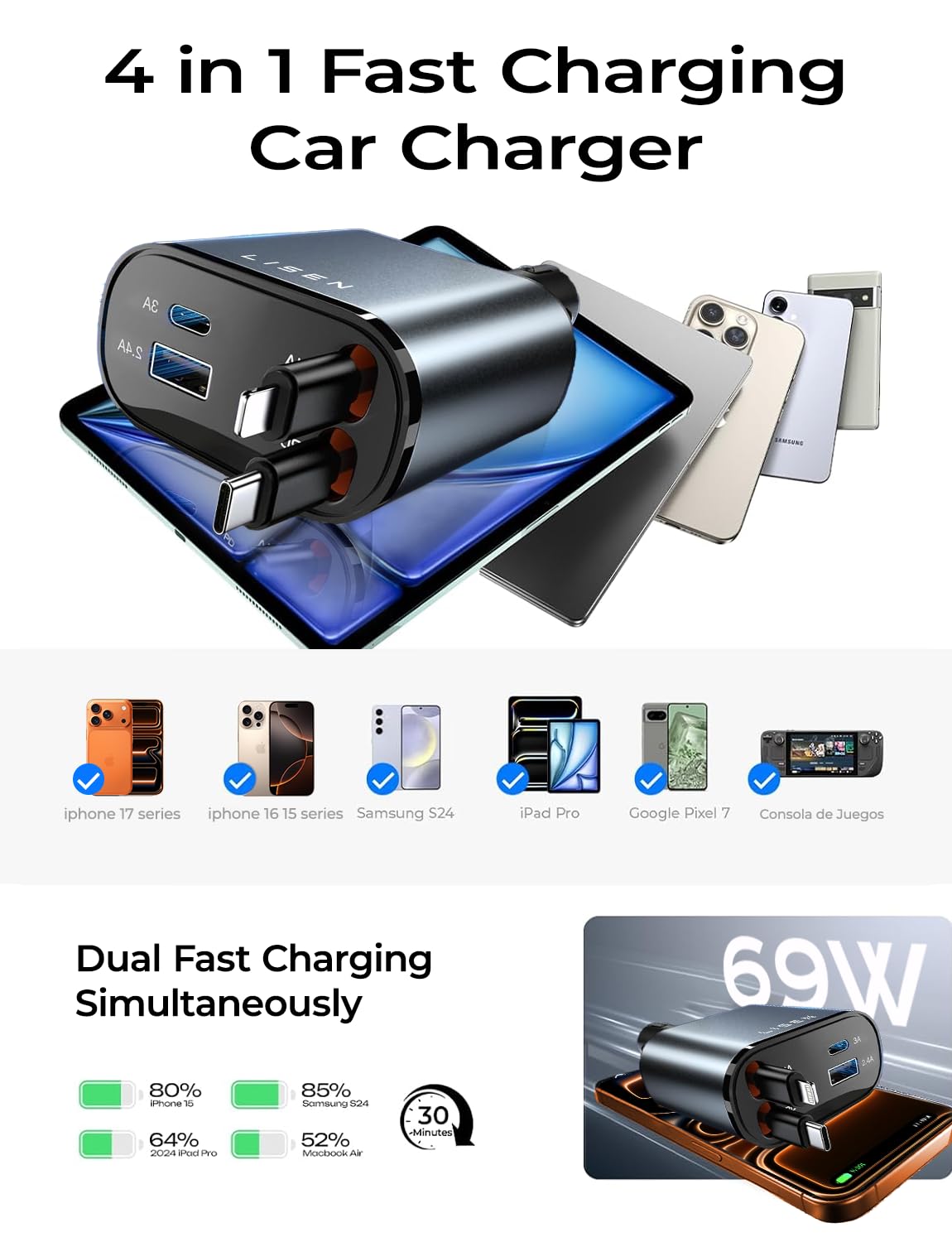 LISEN Retractable Car Charger, [2026 Upgrade 50 inch ] Long 4 in 1 Retractable Cable Car Charger, USB C Car Charger Fast Charging for iPhone 17 16 15 14 13 12 11 X Pro Max Plus Mini, Samsung S26 view 7