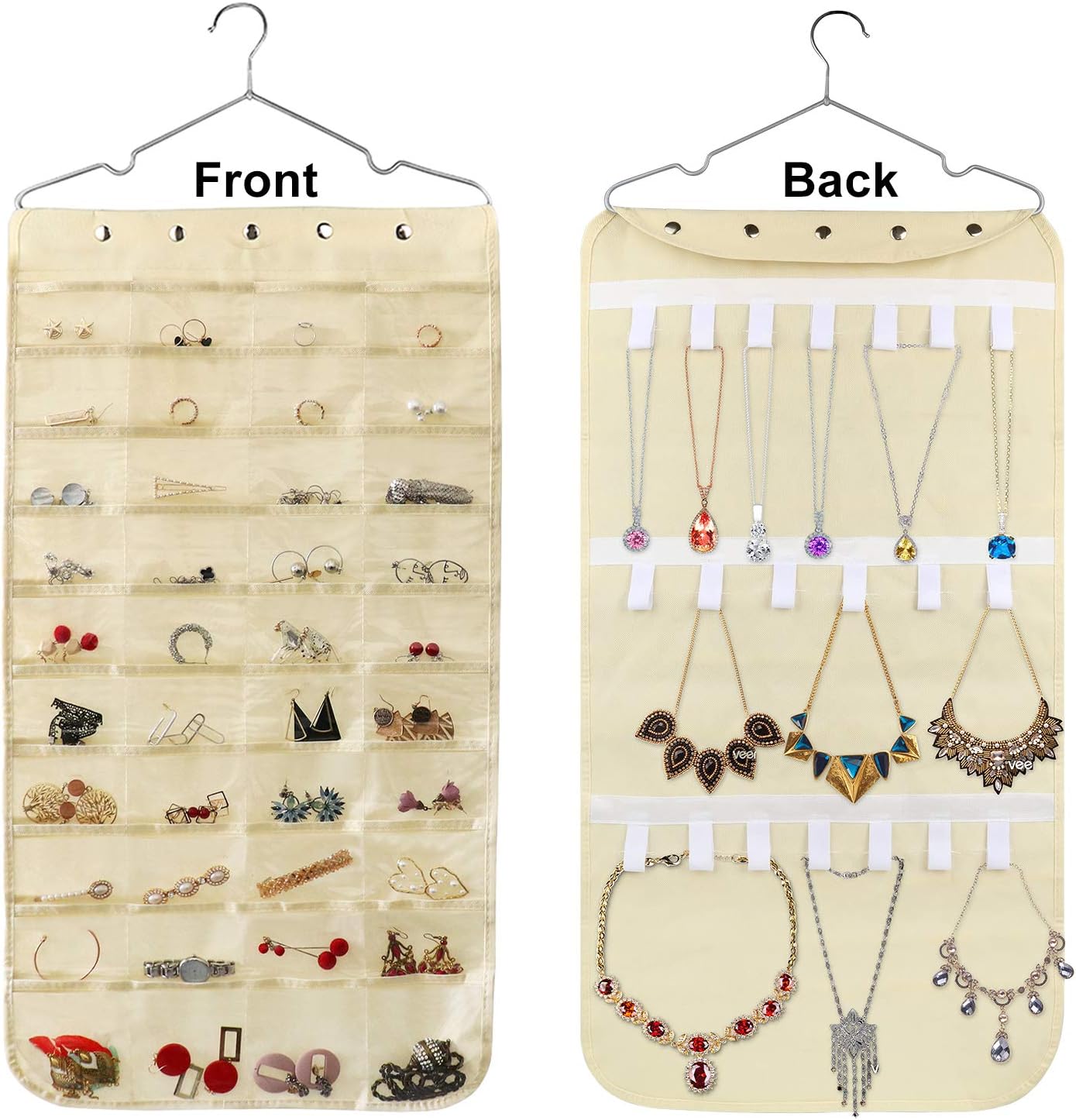 Hanging Jewelry Organizer, Double Sided 40 Pockets and 20 Magic Tape Hook Jewelry Organizer, Necklace Holder Jewelry Chain Organizer for Earrings Necklace Bracelet Ring with Hanger, Beige