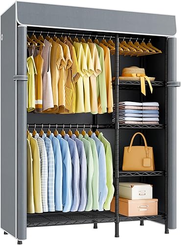 Miniatura 10 de F2C - Perchero con funda, percheros para colgar ropa, perchero resistente con estantes y barras de suspensión, armario negro con cubierta negra,