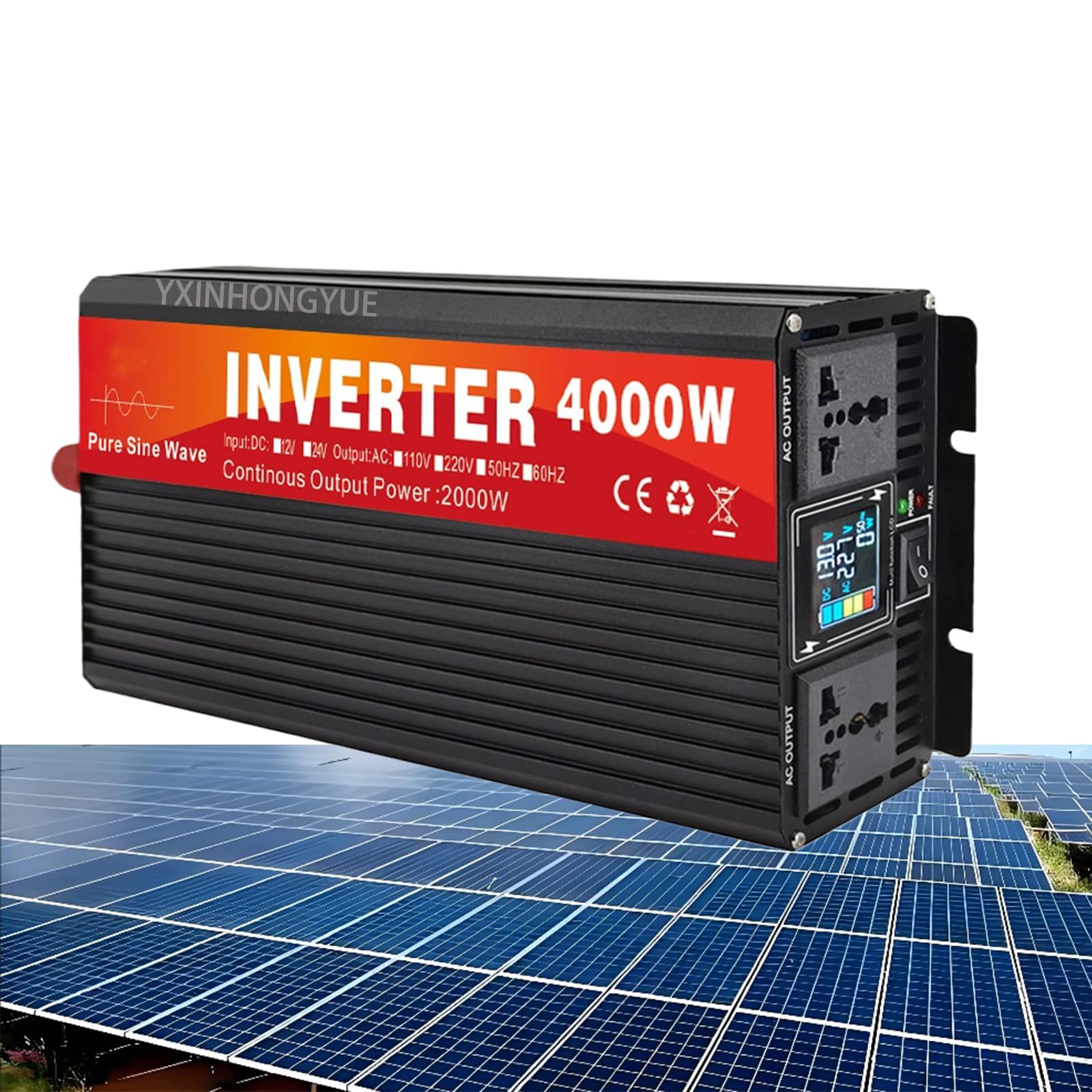 Falownik solarny o czystej fali sinusoidalnej 120 V/220 V, przetwornica mocy DC 12 V-72 V na 50 Hz/60 Hz, 2000 W/4000 W (szczytowa), falownik samochodowy do pojazdów