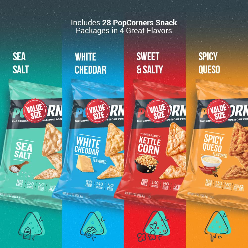 Pop-Cornners Snacks Gluten Free Chips, 5 Flavor Variety Pack 28 Count 1 oz Bags Packaged By Doomi, Individual Snack Bags in Sea Salt, White Cheddar, Sweet & Salty, Cinnamon Crunch and Spicy Queso Flavors - Low-Calorie Popcorn Chips for Snacking Care Packages Parties & More