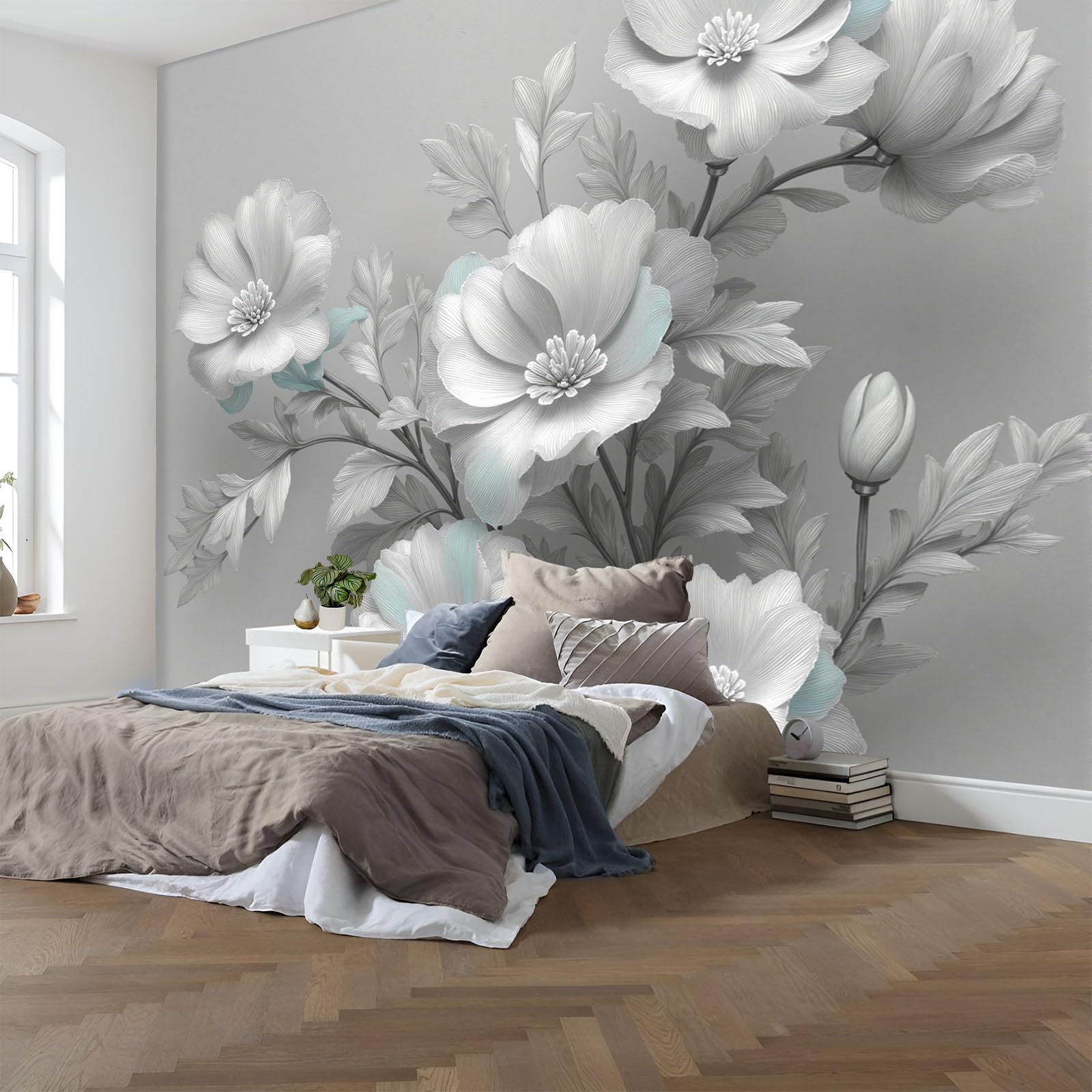 Papier peint panoramique fleurs grises 250x175 cm intissé pour salon