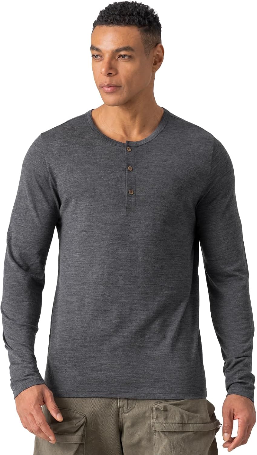 Merino Protect 100% Merino Wool Henley Men Casual Base Layer Long Sleeve Shirts Soft Thermal Underwear for Travel