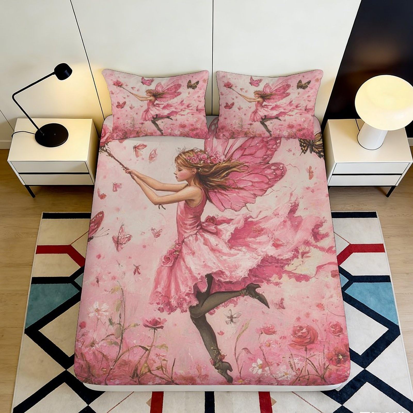 3D Printed Fairy Butterfly Fitted Sheet Microfiber Pink Bed Cover for Bedroom Dorm Mattress Protection Decor 90x200x25cm