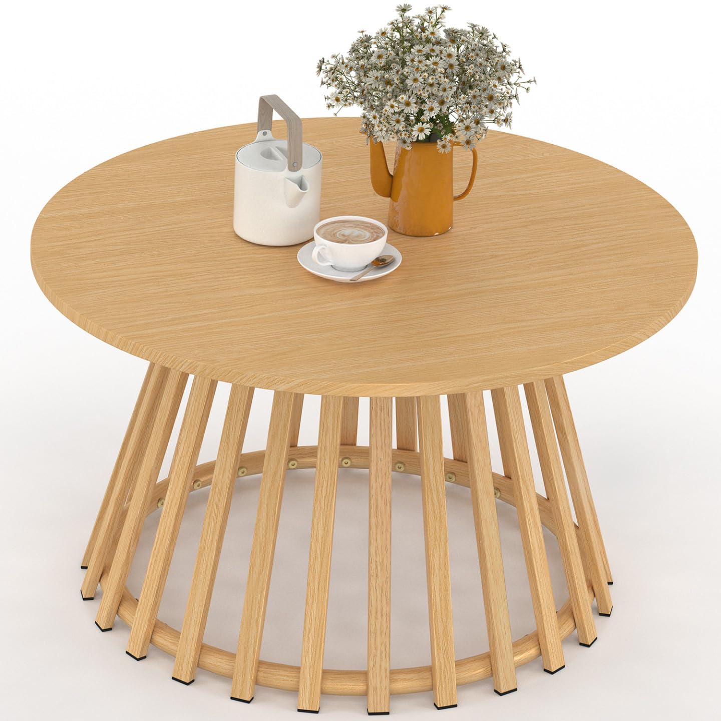 Table Basse de Jardin Ronde 70 cm SOLAL Pied Lattes Métal Effet Bois
