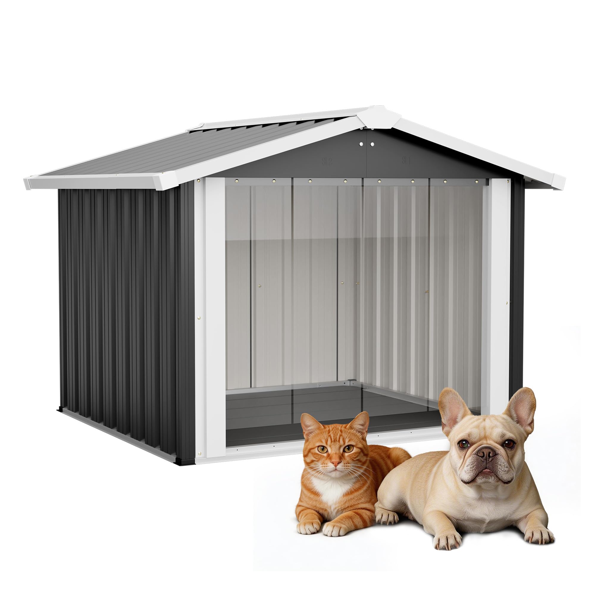 Hundehütte, Wetterfeste Hunde hausaus verzinktem Stahl, Hundehöhle mit Boden & Dach, für Garten Draußen, Anthrazit