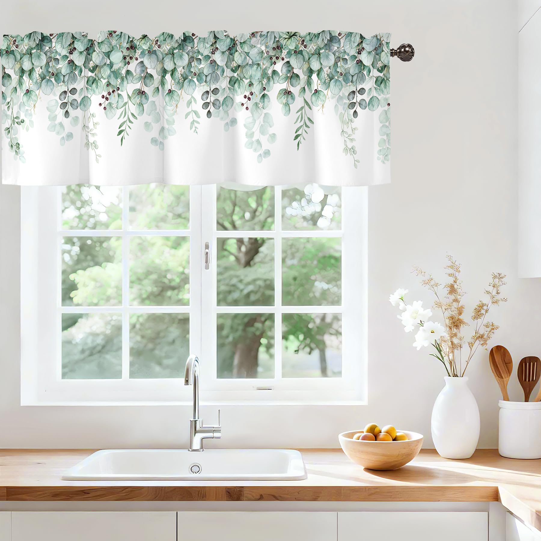 Green Eucalyptus Leaves Valances for Windows, Rod Pocket 42x12 in