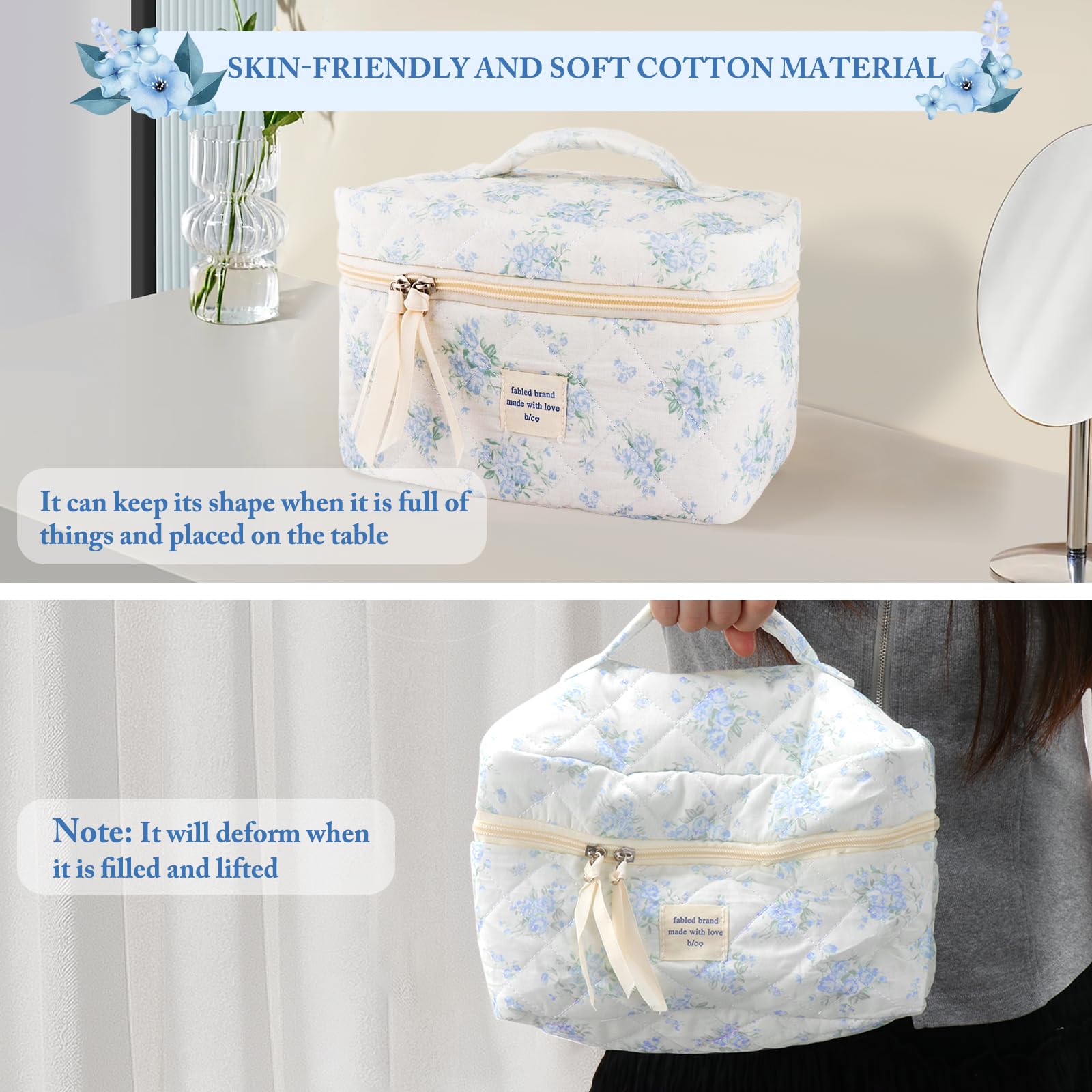 QLoztyse Quilted Cotton Makeup Bag - Blue Cute Floral Travel Cosmetic Bags Large Aesthetic Skincare Pouch with Compartments for Women and Girls Toiletry Organizer