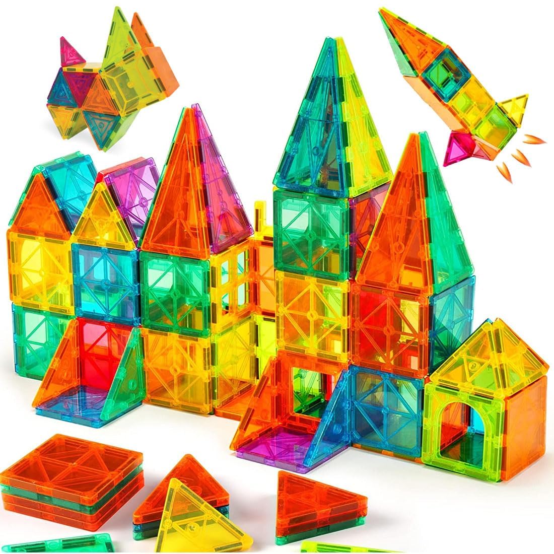 HeyKids Magnetic Building Tiles Construction Set, 52 Pieces Educational STEM Learning Toy, Creative Magnetic Building Blocks for Kids, Boys & Girls, Multicolor-image-10