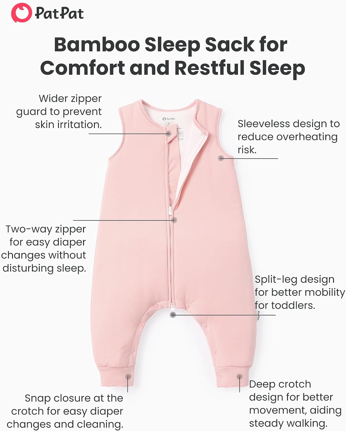 PATPAT Baby Wearable Blanket with Legs (Sleep Sack), Soft Bamboo Viscose, 0.5 TOG/1.0 TOG, 2-Way Zipper & Snaps, 6–36 Months