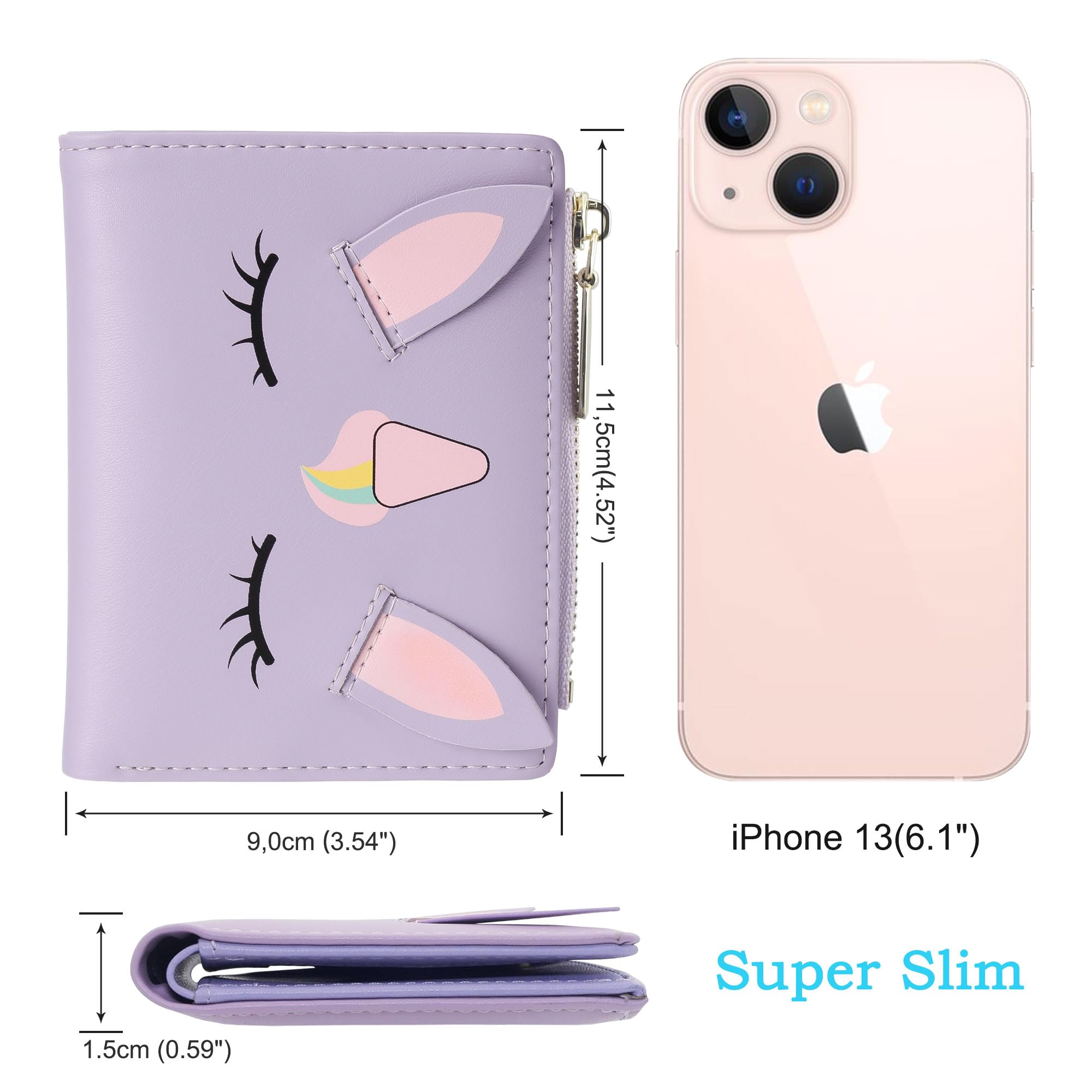 conisy Portafoglio Donna Piccolo, Bifold Carina Portafoglio in formato corto con Bloccaggio RFID e Cerniera Portamonete per Donna e Ragazza (Unicorno Viola)