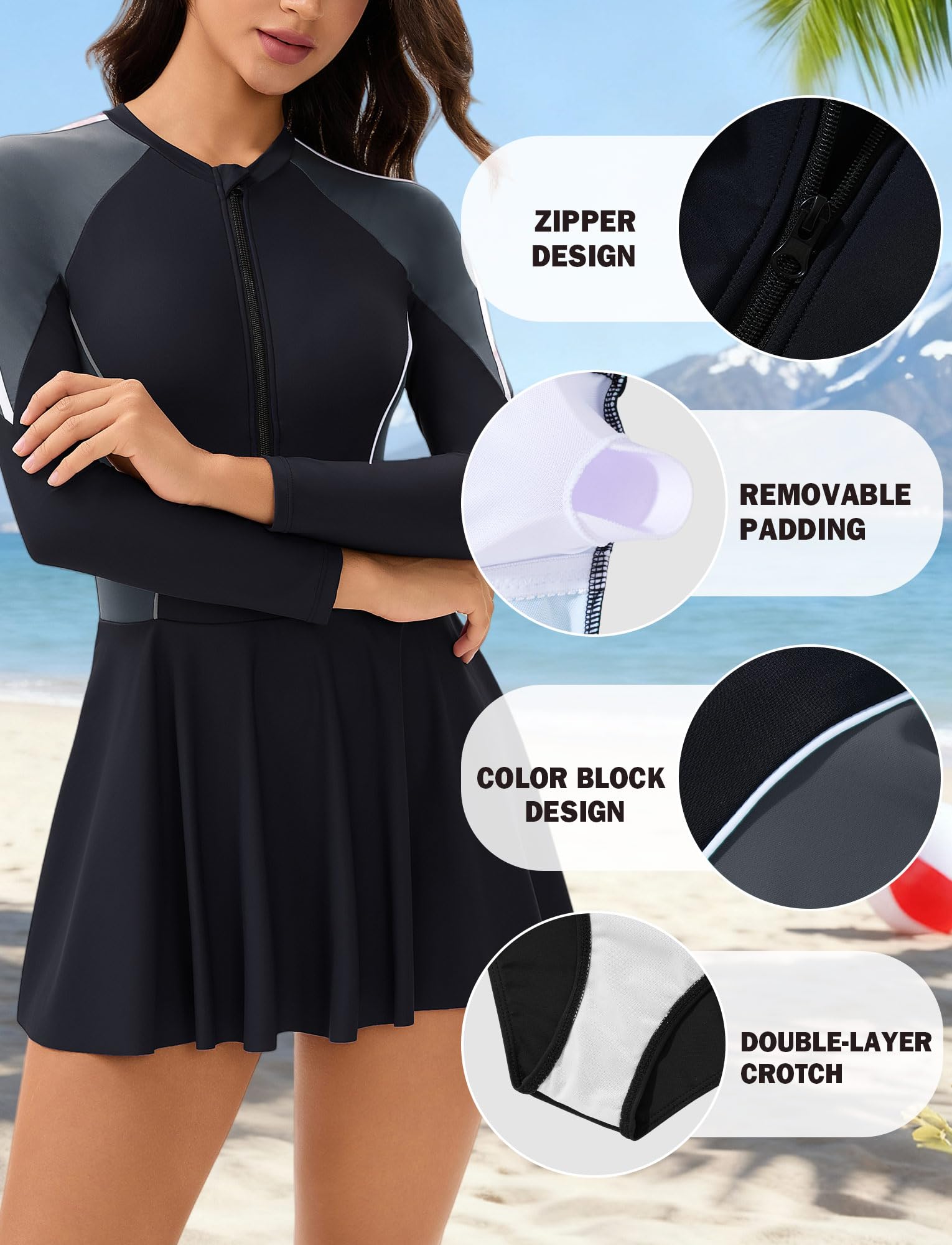 FEOYA Damen-Badeanzug mit Shorts, Einteiler, Rashguard, Reißverschluss, langärmelig, mit abnehmbaren Körbchen