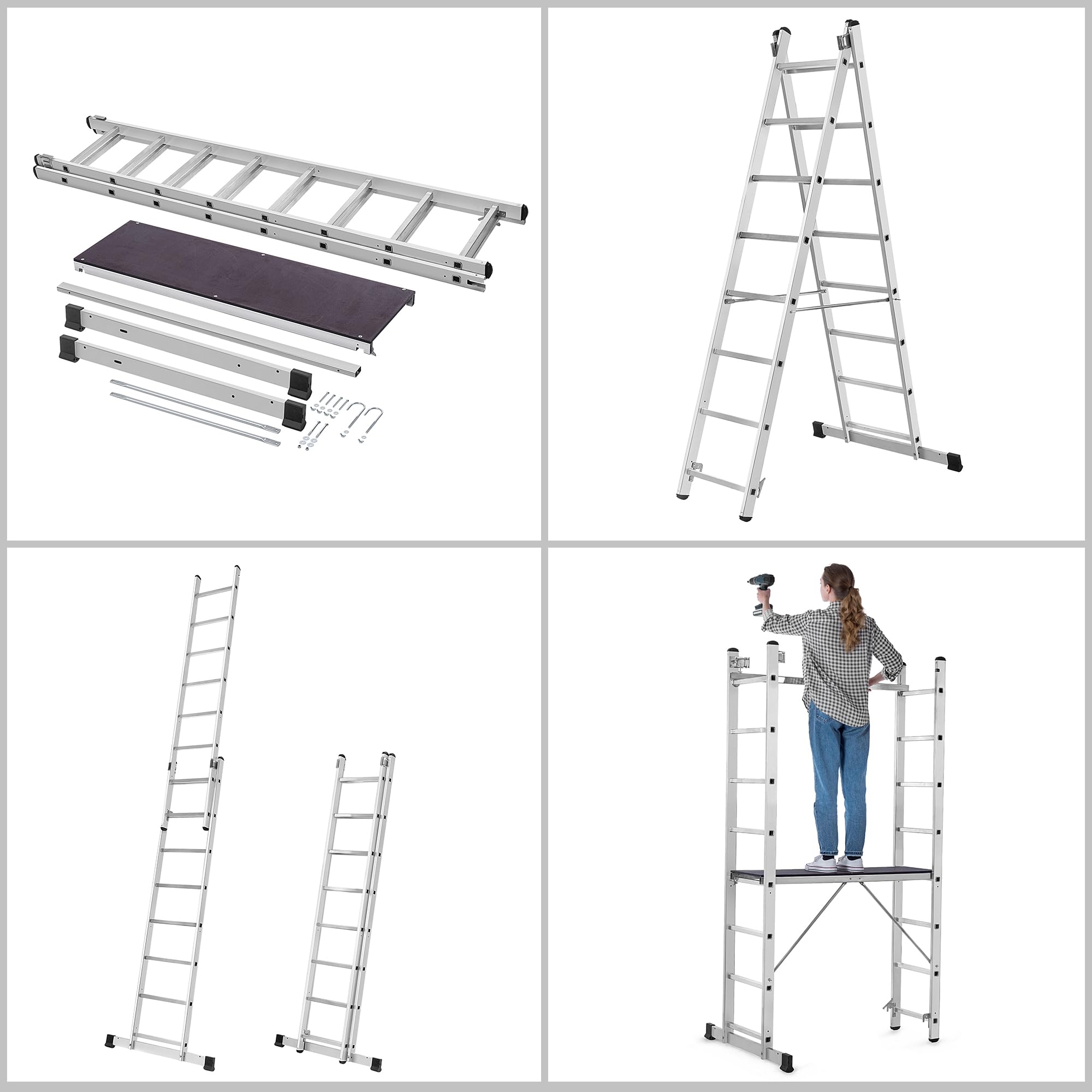 KADAX Andamio Aluminio 16 peldanos | 114x214cm | Plataforma Antideslizante | Escalera Plegable Multiusos | hasta 150kg