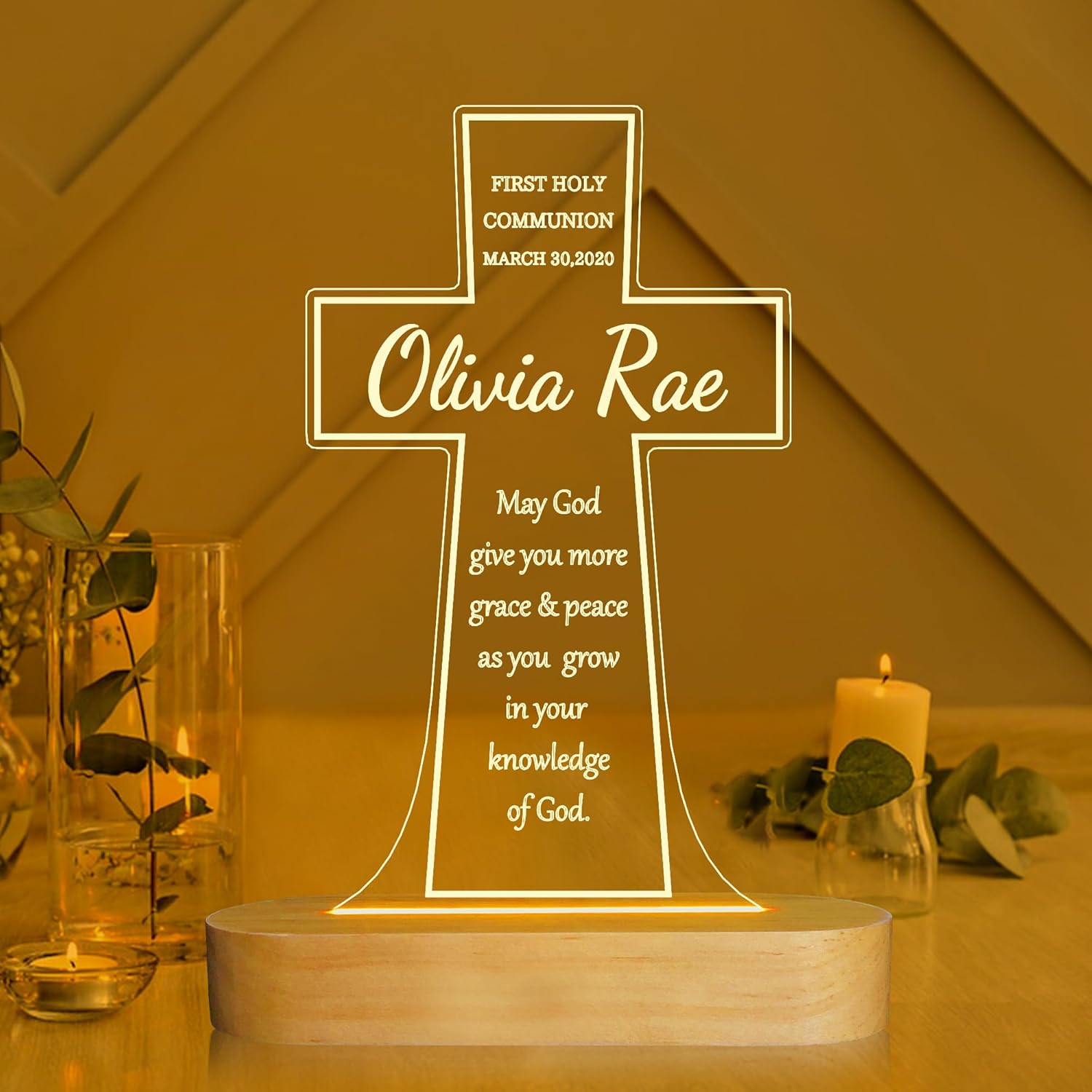 Ammonite Personalised First Communion Gift, Customize Cross Wooden Lamp Novelty Night Light lamp for Kids, Kids Decoration Lamp USB Power Bedroom Decor Godparents Gifts Christening Dedication Gift