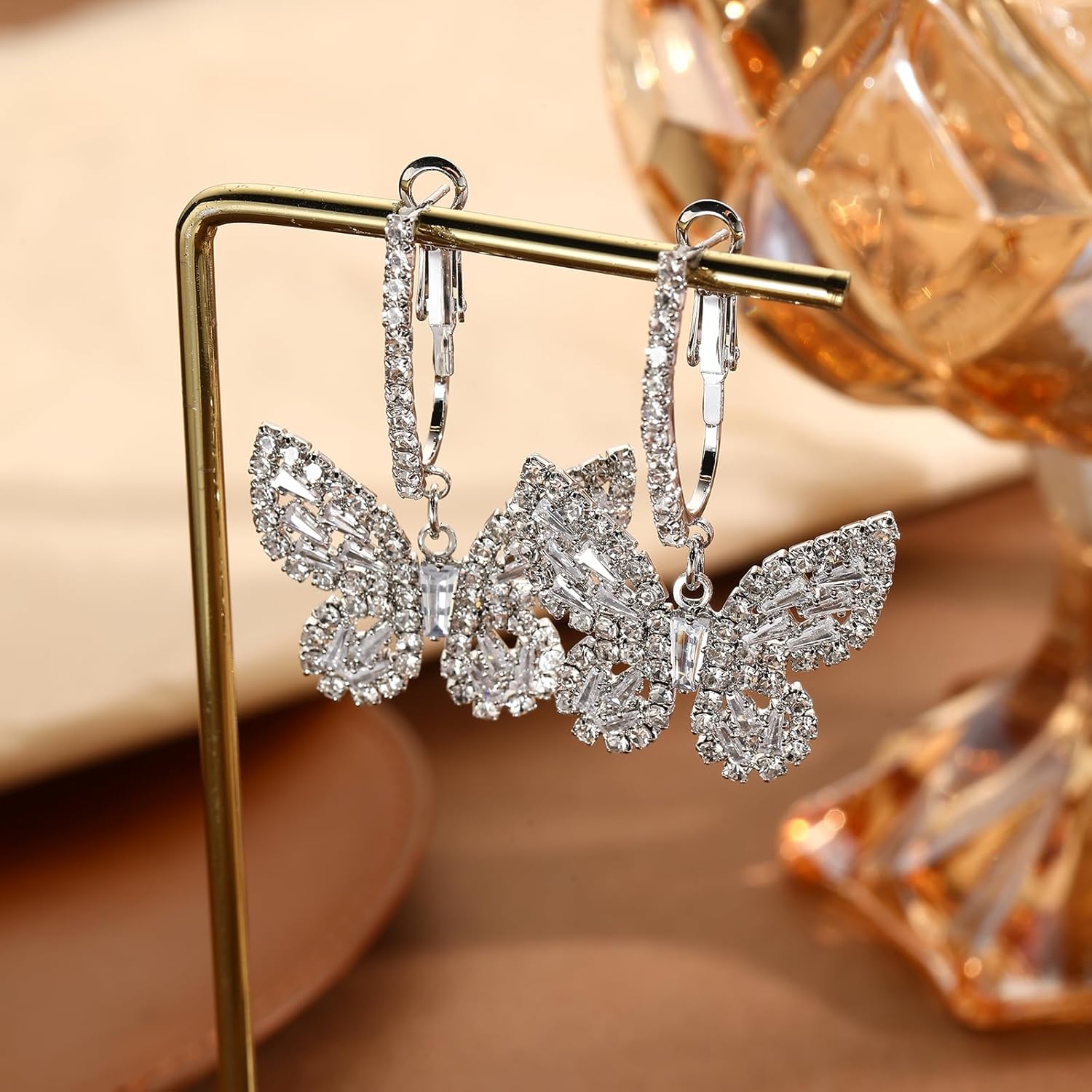 Butterfly Hoop Dangling Earrings For Women,Crystal Rhinestone CZ Drop Earrings For Lady,Gold Plated Cubic Zirconia Earrings for Prom Wedding Brides - Image 5