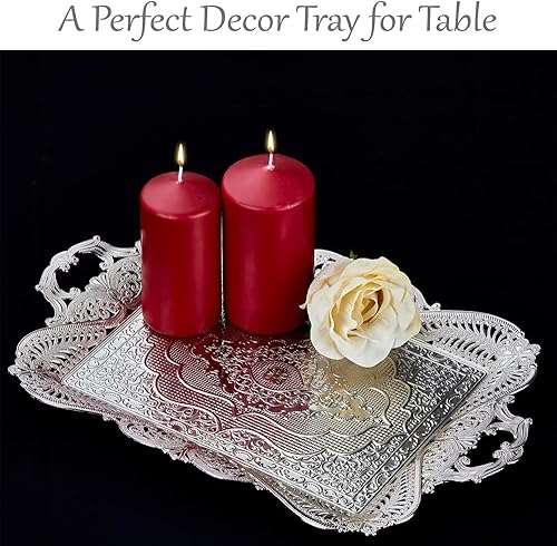 Miniatura 2 de Manijas plateadas de bandeja de té turco para servir café, bandeja plateada decorativa, bandeja de metal para servir, centro de mesa para fiesta,