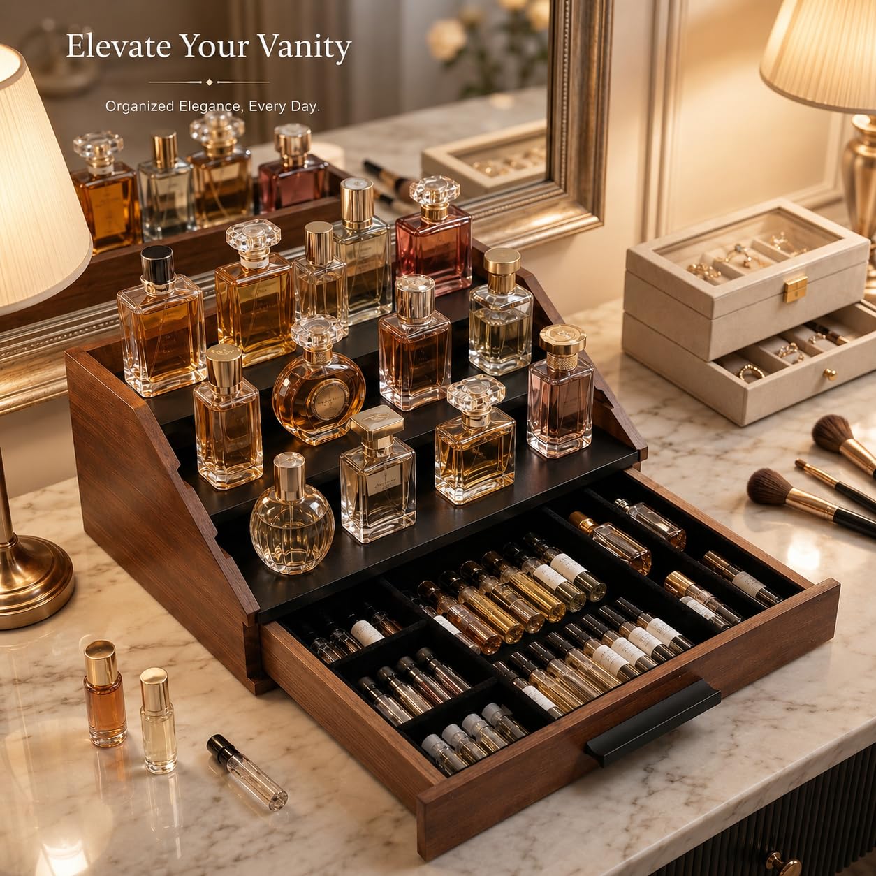 Organizzatore di profumo con cassetto, espositore profumo, legno a 3 livelli, per parrucchiere, cosmetici, orologi, gioielli, rossetto, bagno, camera da letto, donna e uomo