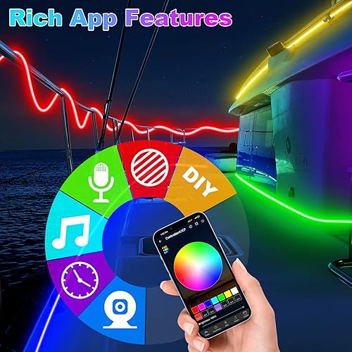 Miniatura 5 de Tira de luces LED para lancha de 33 pies, tira LED marina IP67, control de aplicación de luz de pontón, 12 V RGB impermeable, luz interior de barco,