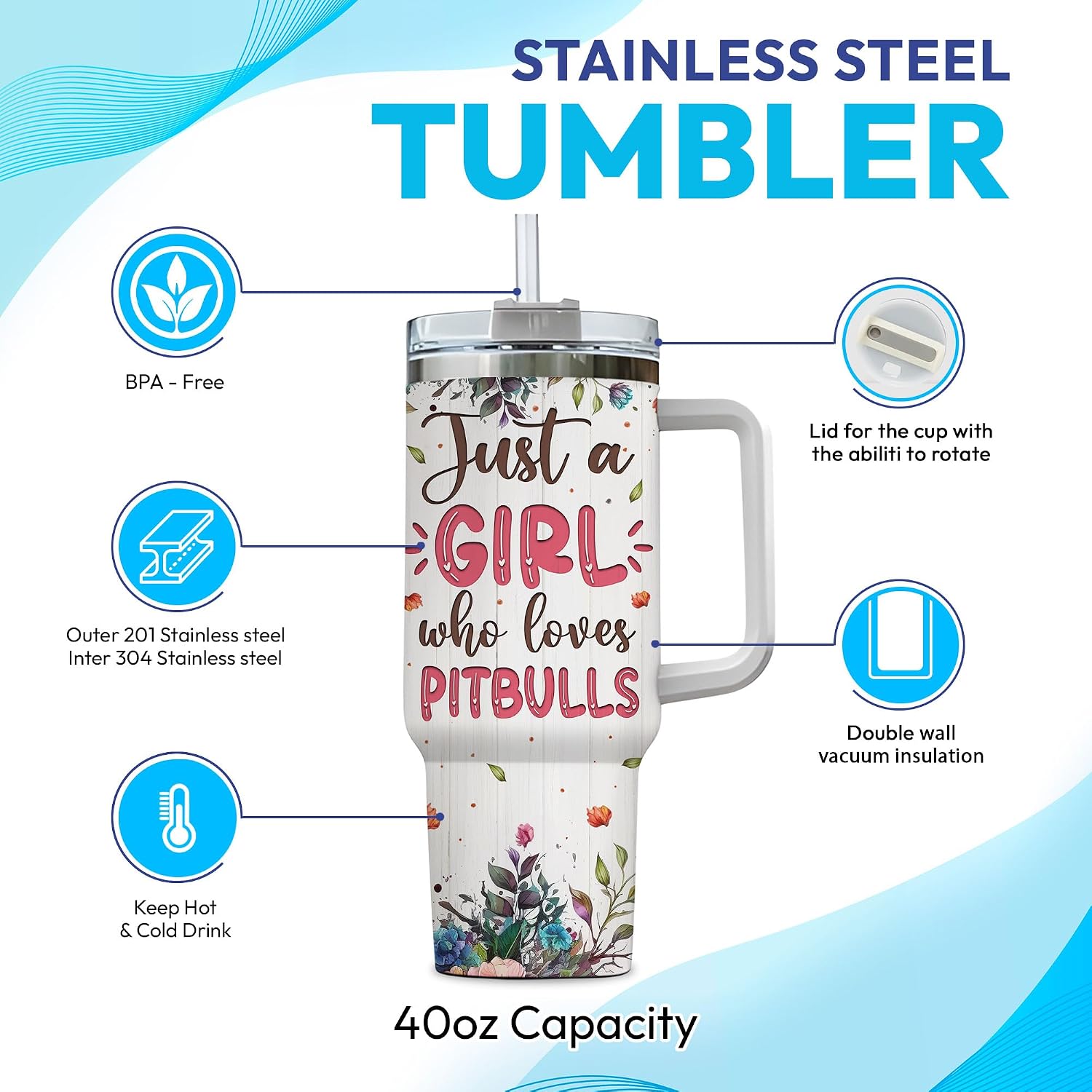 Hyturtle Personalized Gifts For Pitbull Lover Tumbler 40oz with Handle and Straw - Stainless Steel Travel Coffee Cup With Lid - Cute Dog Lover Gifts For Women, Girl On Birthday Christmas