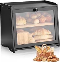 VEVOR Double Layer Bread Bin for Kitchen Counter Bread Bin Bread Box Organiser Wooden for Homemade Bread Storage Container with Wavy Acrylic Door Plate Bread Storage Black