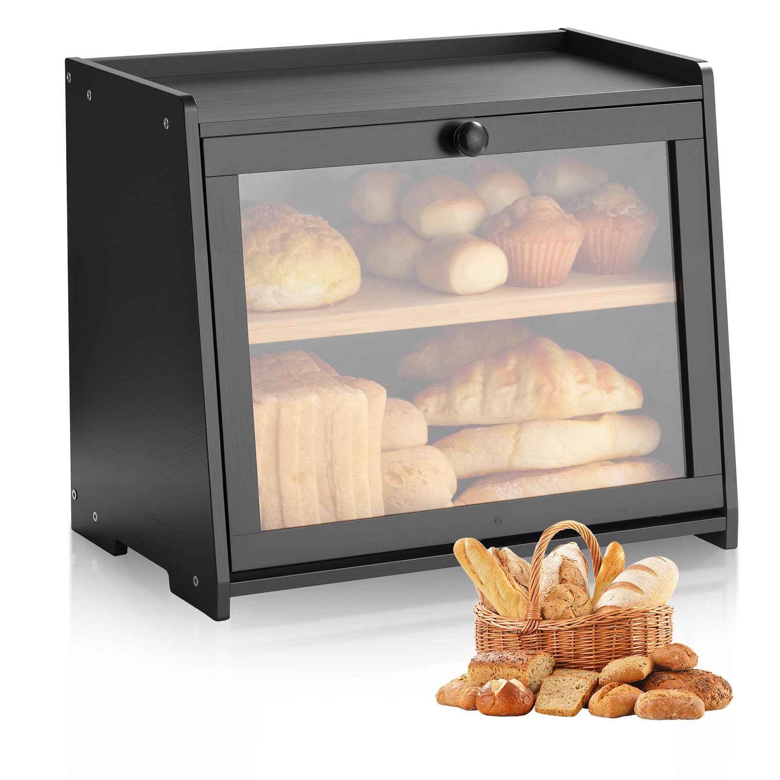 VEVOR Doppellagiger Bambusbrotkasten – zweistufig, Acryl-Tür, verstellbare Trennwände, Schwarz