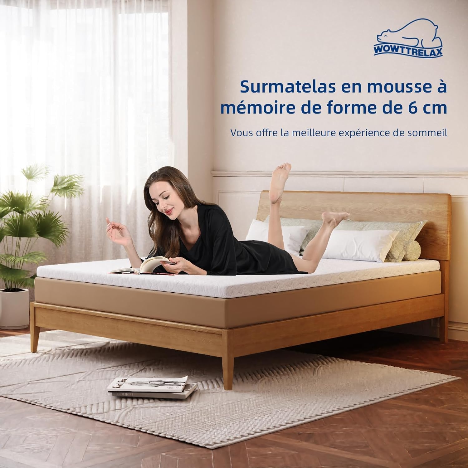 Wowttrelax Surmatelas 140 x 200, Surmatelas à Gel Mémoire de Forme, sur-Matelas pour Adulte Épaisseur 6 cm, Housse Amovible et Lavable, Hypoallergénique, Soutien Optimal (140x200x6cm) | Housse de matelas amovible douce au toucher, norme de qualité alleman