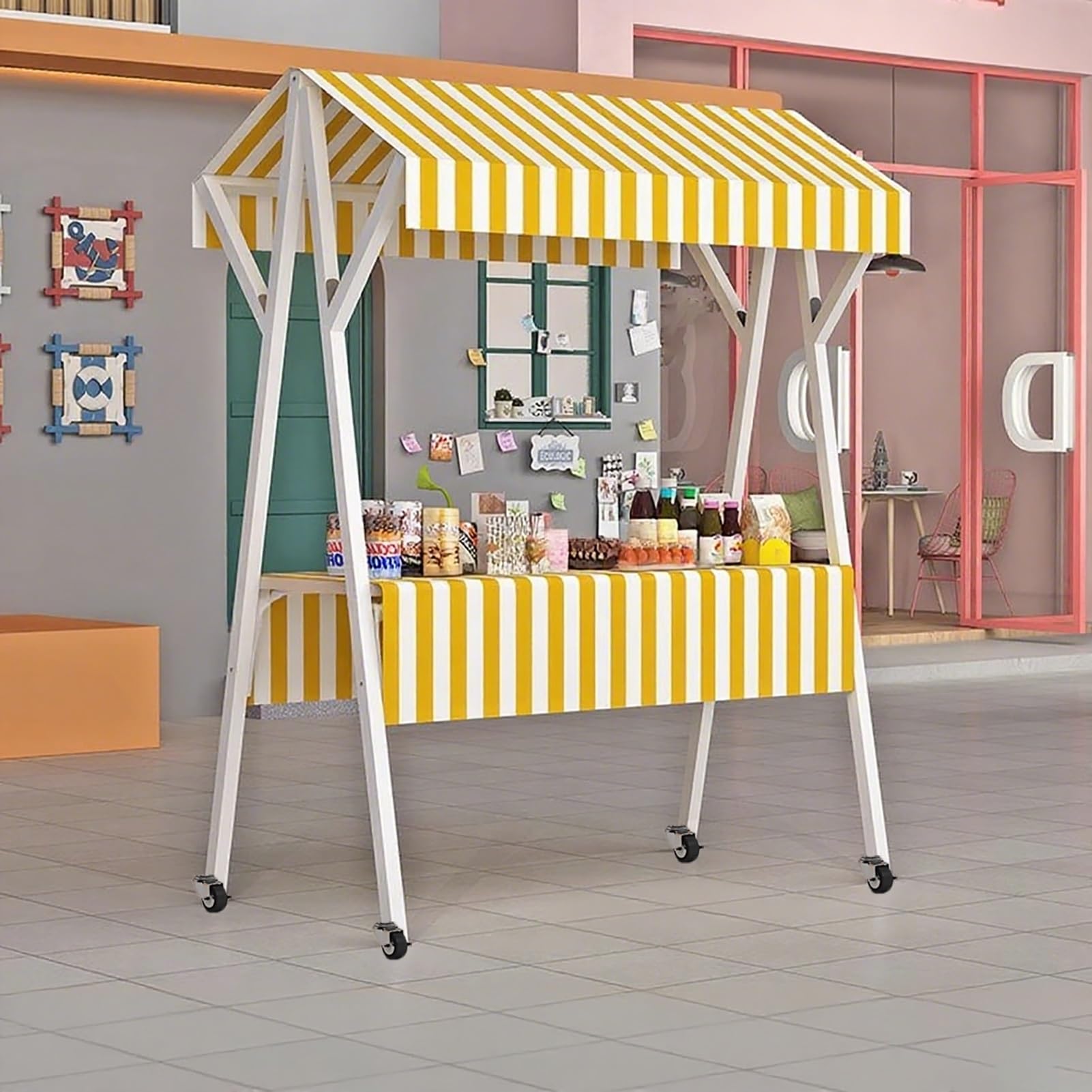 Portable Food Cart with Wheels, 59" Foldable Iron Display Stand with Oxford Canopy, Mobile Food Vendor Cart for Festivals & Events - Yellow Color