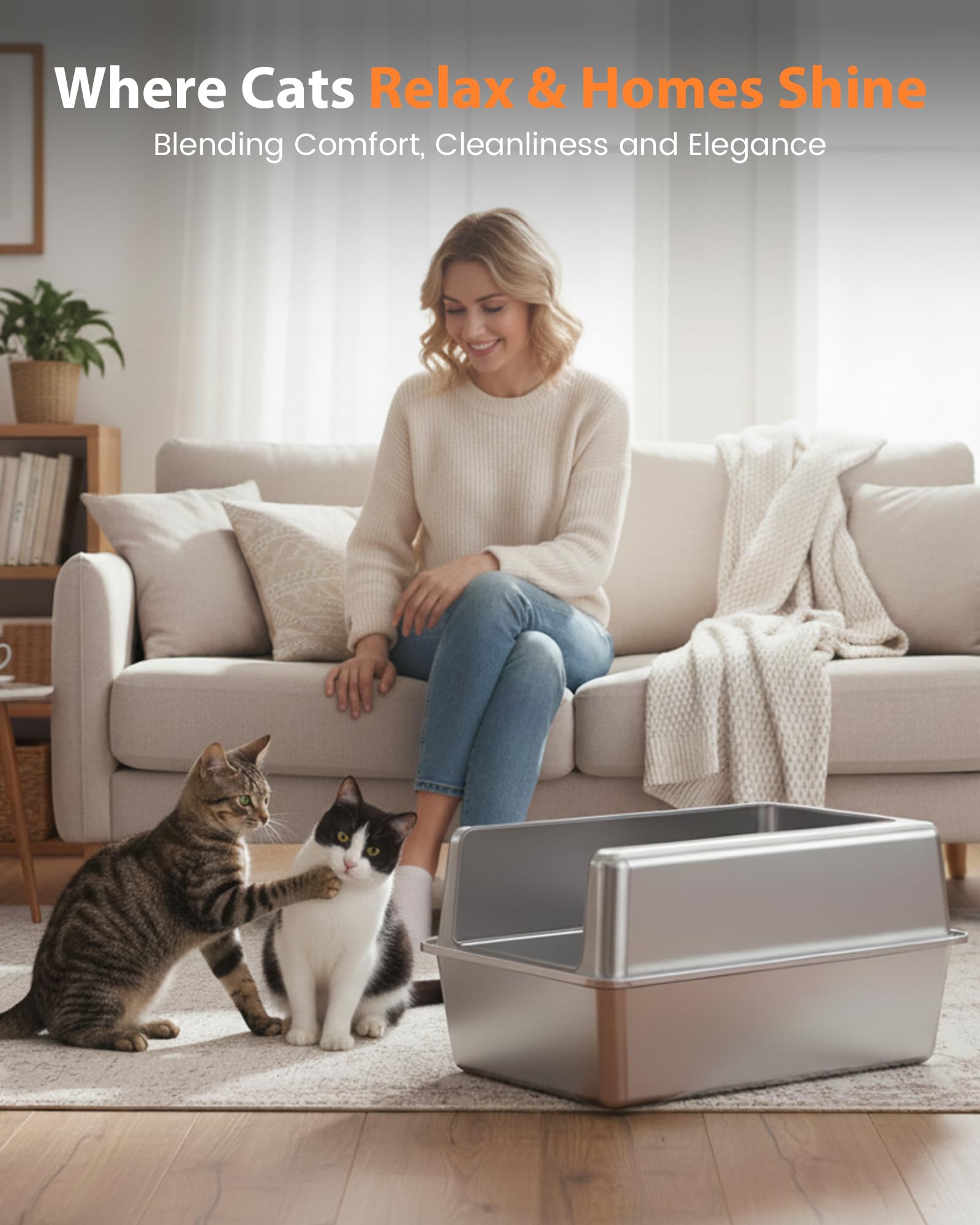 Arenero Gato Acero Inoxidable, Caja de Areneros para Gatos Grandes XXL, Arenero Todo Metálico para Gatos, WC Gatos con Bordes Altos Desmontables, Antiadherente, Sin Olores y Fácil de Limpiar