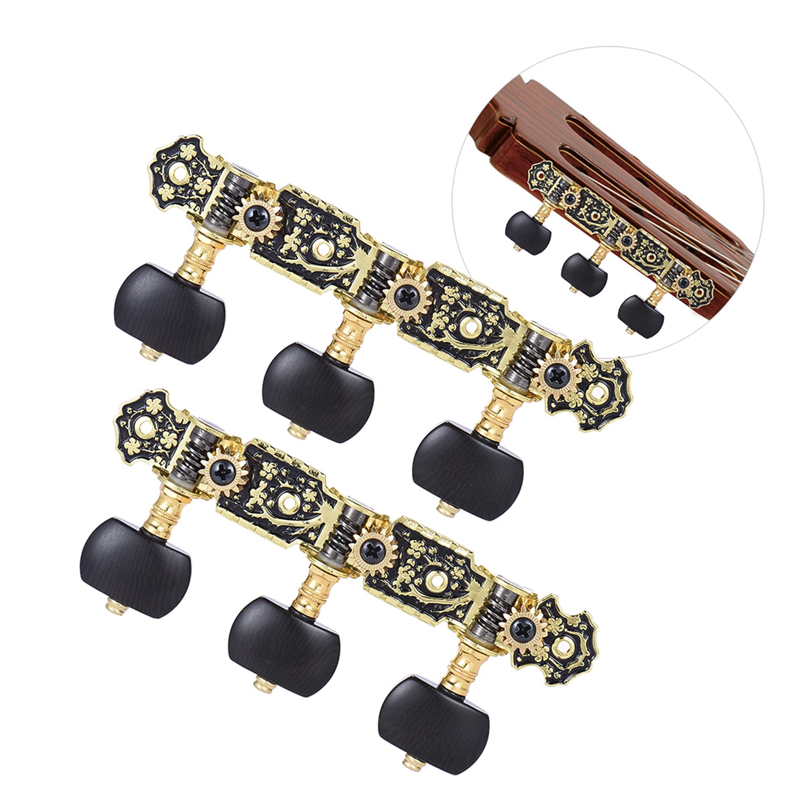 Btuty Clavijero para Guitarra,Acústica Clásicas Teclas de Ajuste de la Guitarra Cuerda Sintonizadores de las Clavijas 3 + 3 Cabezas de la Máquina (corto) Oro y Negro Plateado,2pcs (L & R)