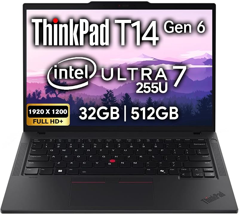Laptop empresarial ThinkPad T14 Gen 6 de 14" FHD+ IPS, Intel Ultra 7 255U, 32 GB DDR5 RAM, 512 GB SSD, cámara web de 5 MP, huella digital, retroiluminación, Wi-Fi 6E, 2 Thunderbolt 4, AI PC, W11P