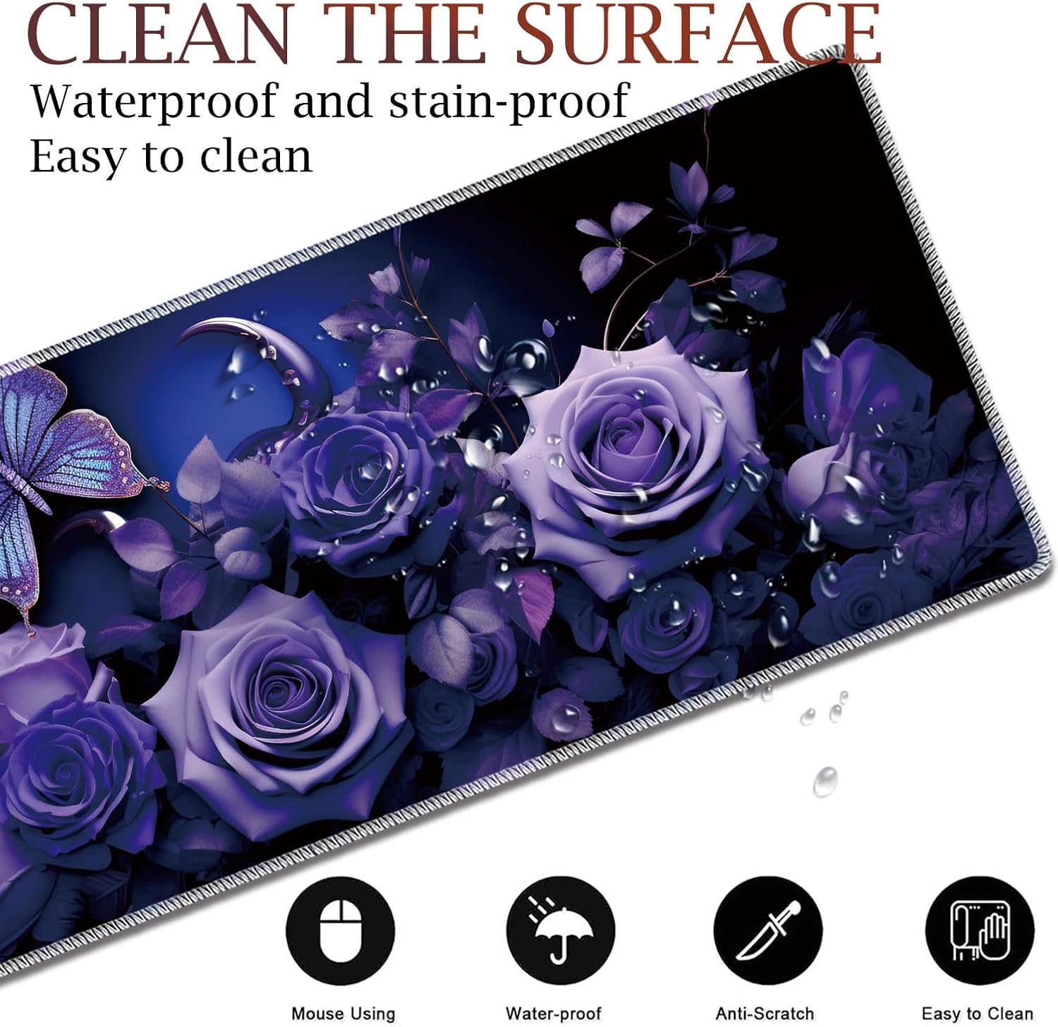 Large Gaming Table Pad 31.5 "x 11.8" + Keyboard Wrist Pad + Mouse Wrist Pad + Coaster Non-Slip Base 4-in-1 Set, Ergonomic Memory Foam, Easy Typing Pain Relief, Purple Roses and Butterflies