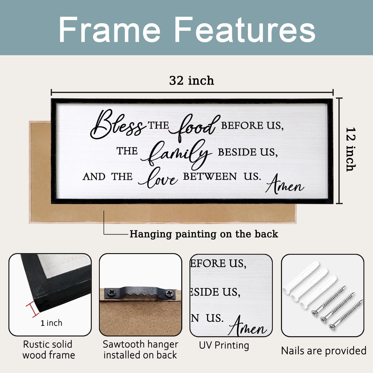 Foutcheou Bless The Food Before Us Wall Decor, 32"X12" The Love Between Us Sign Framed Farmhouse Kitchen Wall Decororation, Rustic Christian Bible Verse Wall Art for Dining Room Black Frame 32"L x 12"W Bless The Food Before Us