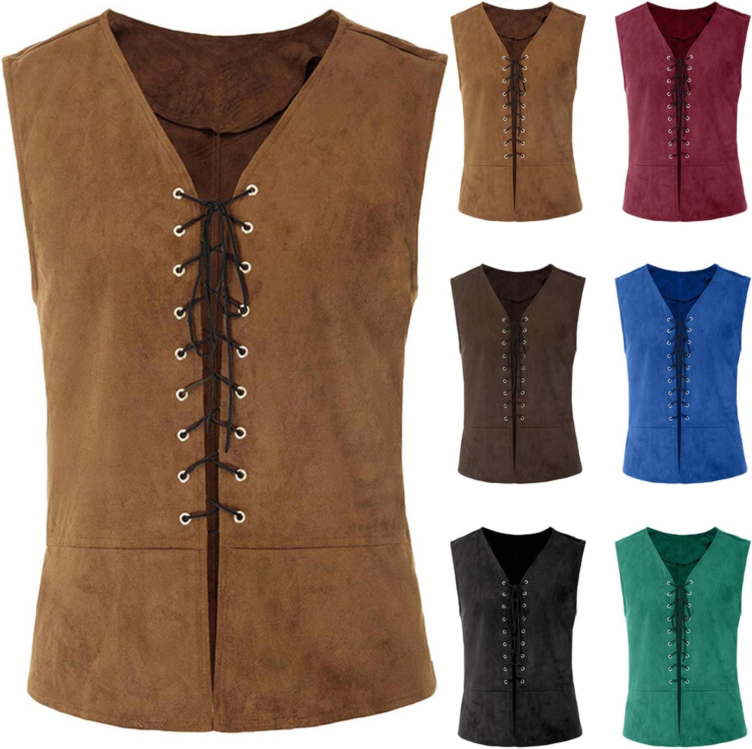 VPQILH Men's Vintage Waistcoat Steampunk Linen Vest Gothic Laced Up Tank Top Renaissance Sleeveless Gilet Medieval Retro Shirt Blouse Tops Waistcoats Halloween Cosplay Fancy Dress Clearance Plus Size
