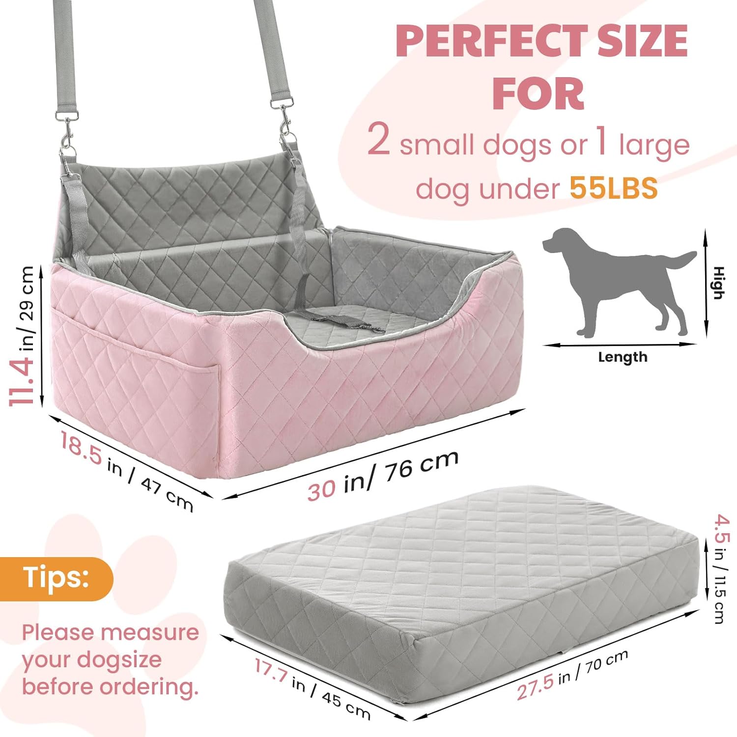 Dog Car Seat for Large/Medium Dogs, Dog Booster Seat for Under 55lbs or 2 Small Dogs, Non-Slip Removable and Washable Pet Car Seat,2 Safety Leashes, Travel Pet Bed, Black Flower