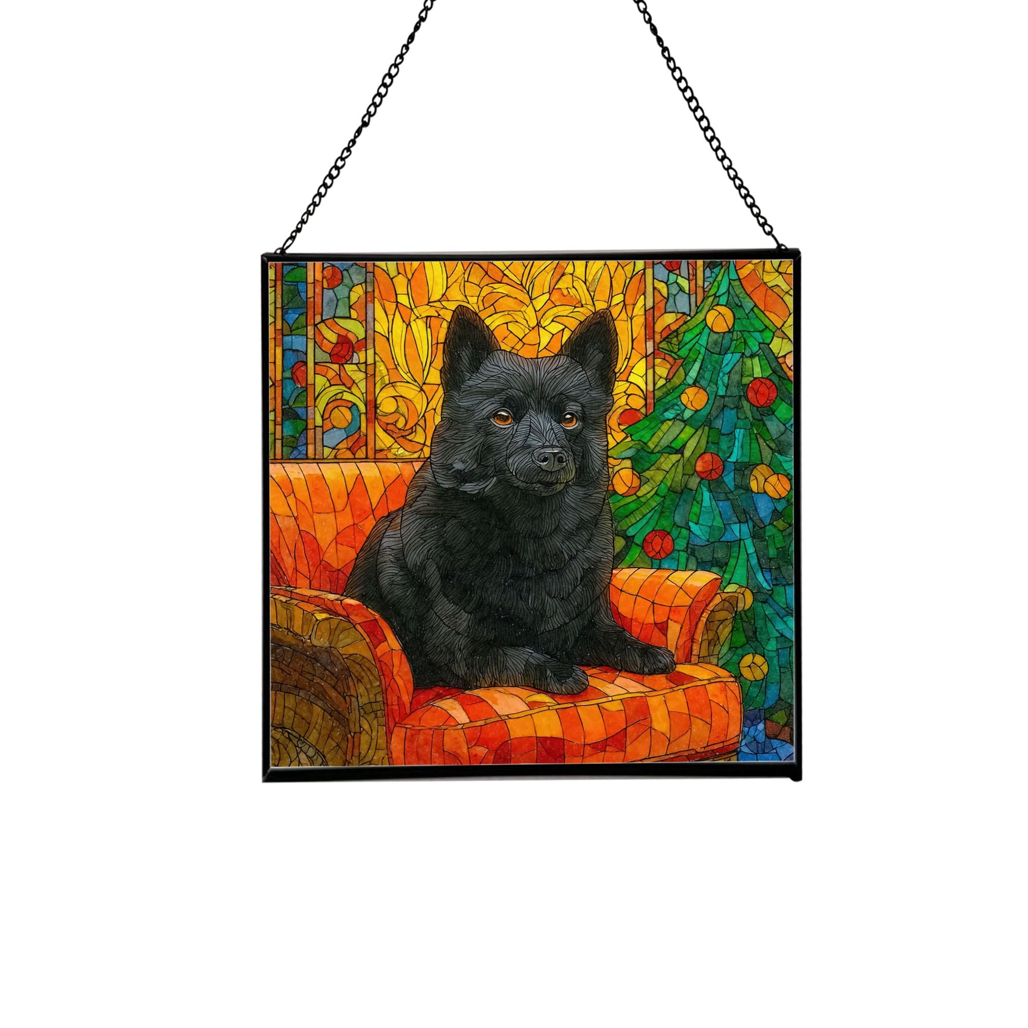 Schipperke Christmas Stained Glass Suncatcher – Square Hanging Holiday Window Panel with Cozy Fireplace Scene – Winter Glass Art Decoration Gift for Animal Lovers, Pet Owners Fs8BVA