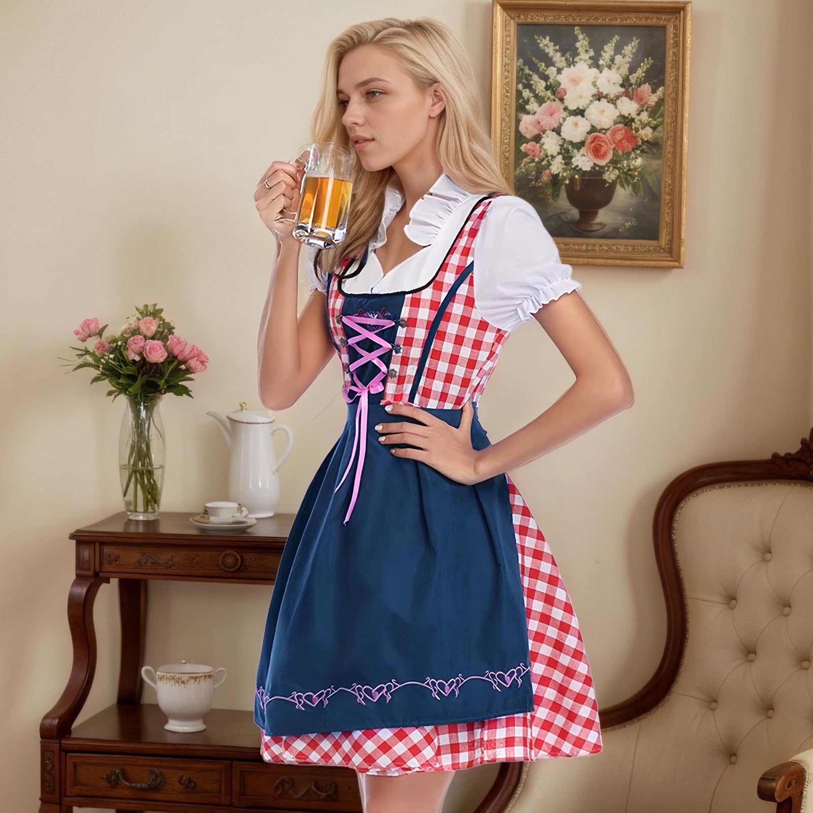 Dirndl Damen mit Schürze Trachtenkleid für Oktoberfest, Bayerische Trachtenmode in Midi-Länge
