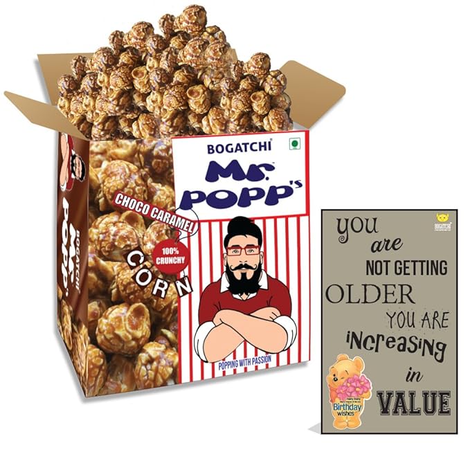 BOGATCHI Mr.POPP's Dark Chocolate Popcorn, 100% Crunchy HandCrafted Gourmet Popcorn Snacks | NO Microwave needed | Best Movie / TV Time Snack, Best Birthday Gift for Mother , 375g + FREE Happy Birthday Greeting Card