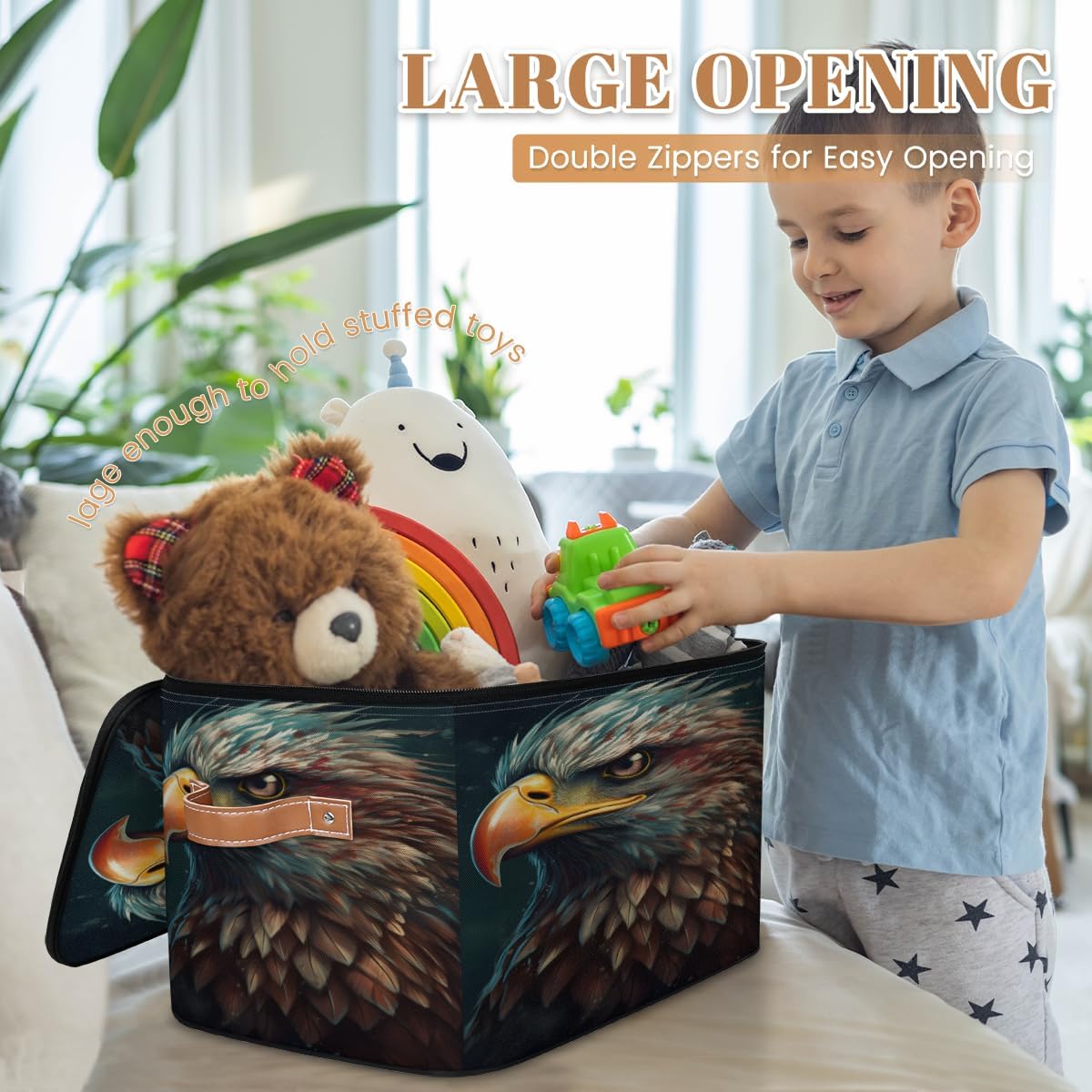 Storage Bin Set of 2 Eagles Pattern Storage Basket with Zipper Lid & Handle Foldable Closet Shelf 2 Pack Cloth Organizer Basket Cube Bins Clothes Organizer for Bedroom, Nursery