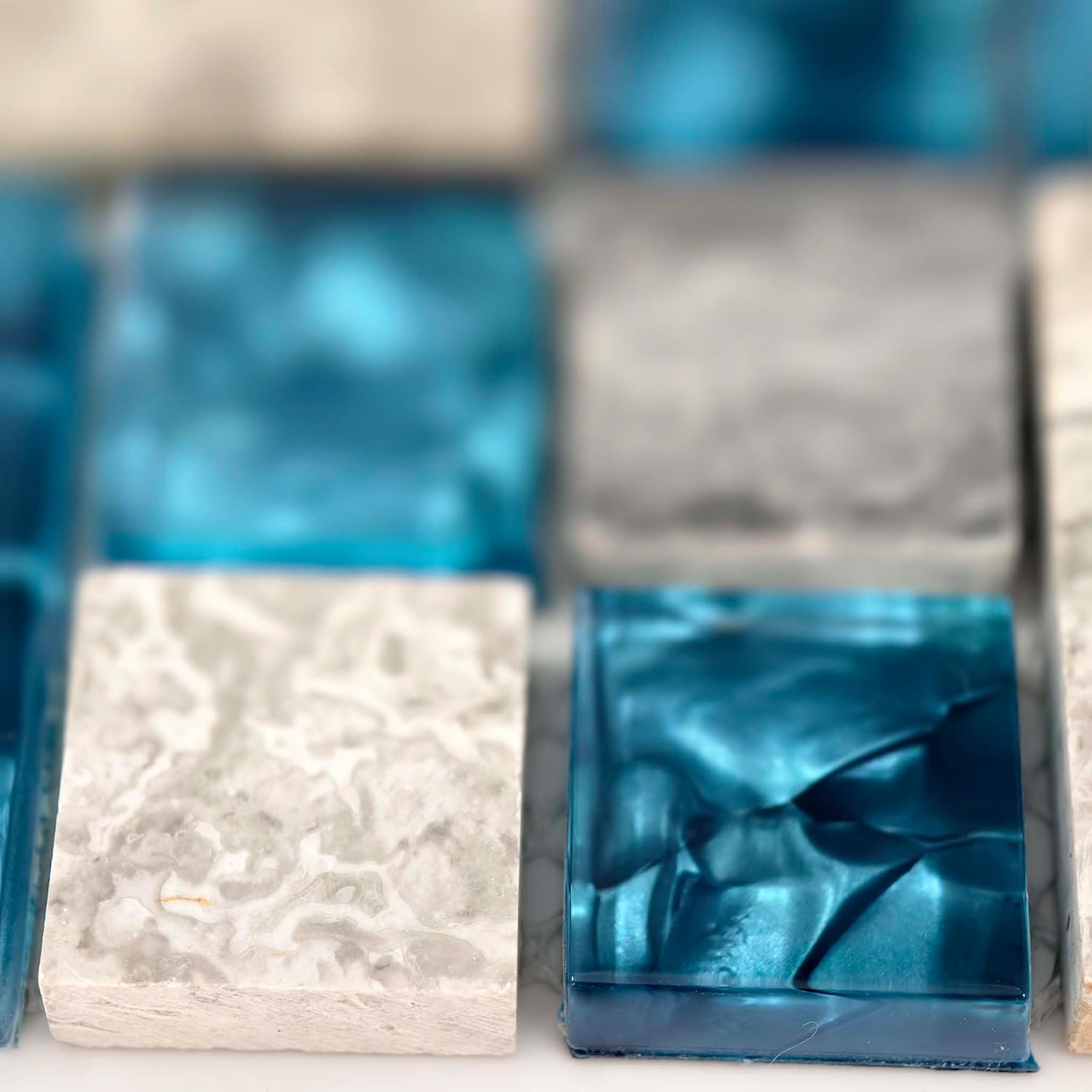 Hominter Premium Teal Blue Crystal Glass & Grey Stone Tile Modern Bathroom Shower Wall Versaille Patterns Mosaic for Kitchen Fireplace Decor (5 Square Feet)