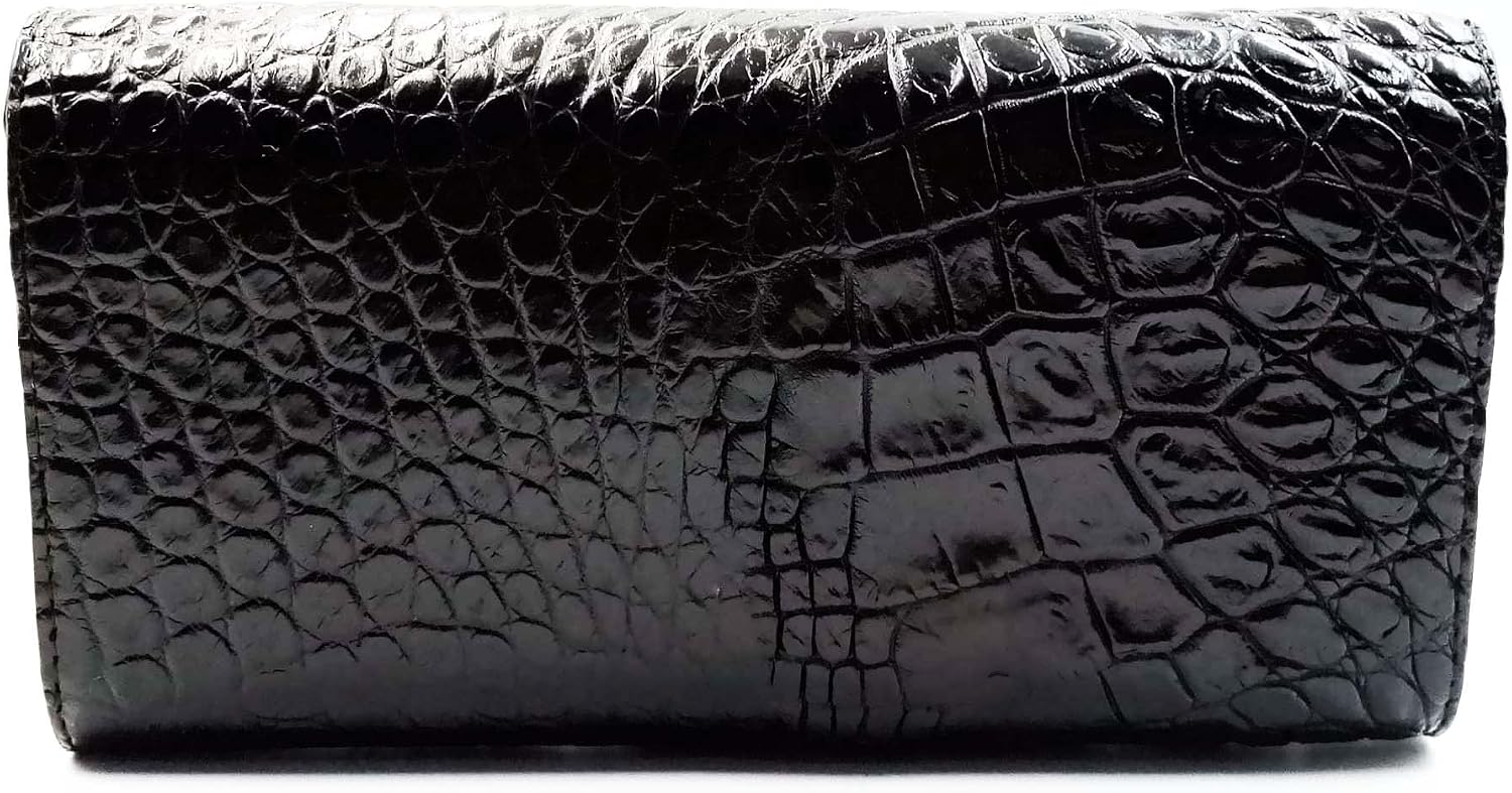 New Black Crocodile Leather Back Bone Skin Women Clutch Tri-fold Wallet.