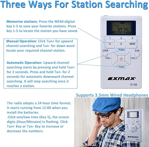 Miniatura 5 de EXMAX E108 Receptor De Radio FM Inalámbrico Portátil DSP Estéreo De Bolsillo Mini Receptor Digital Samll Auriculares Reloj LCD Para Traductor