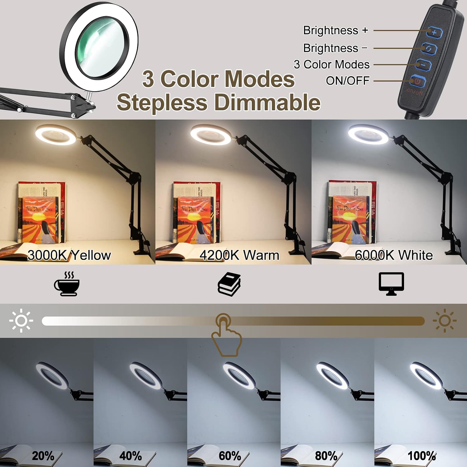LED Magnifying Glass Desk Lamp with Clamp,3 Color Modes 10 Levels Dimmable Adjustable Swivel Arm for Reading Rework Craft Workbench